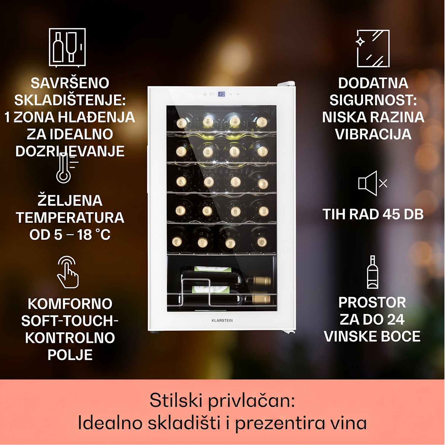 Shiraz 24 Uno, vinoteka, 67 L, 24 boce, touch screen, 5 – 18 °C, crna 24 boce | 1 | Bijelo staklo