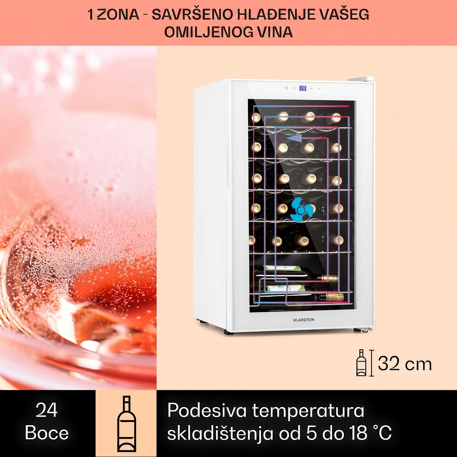Shiraz 24 Uno, vinoteka, 67 L, 24 boce, touch screen, 5 – 18 °C, crna 24 boce | 1 | Bijelo staklo