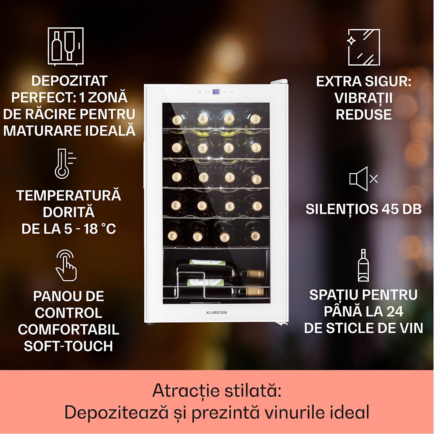 Shiraz 24 Uno, vinotecă, 67 l, 24 de sticle, tactilă, 5 - 18 °C, neagră 24 de sticle | 1 | Sticlă albă