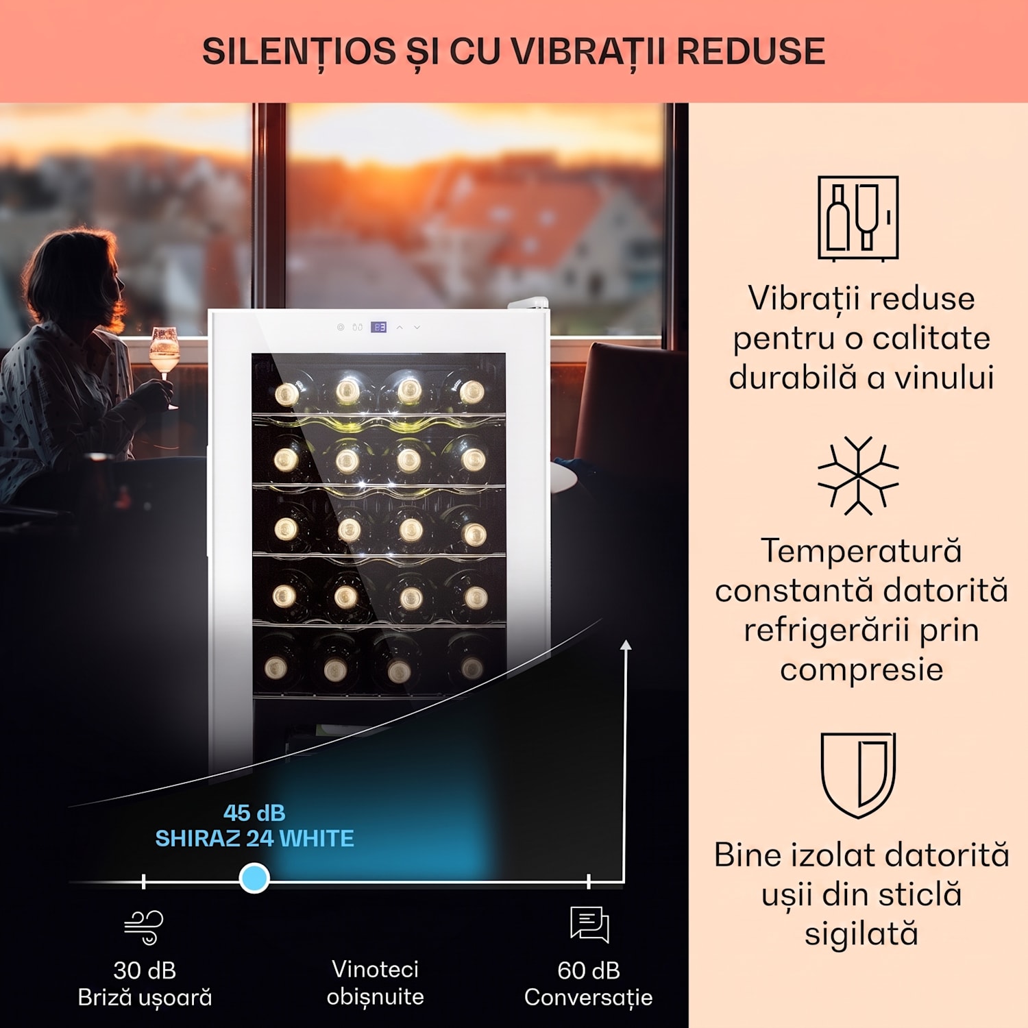 Shiraz 24 Uno, vinotecă, 67 l, 24 de sticle, tactilă, 5 - 18 °C, neagră 24 de sticle | 1 | Sticlă albă
