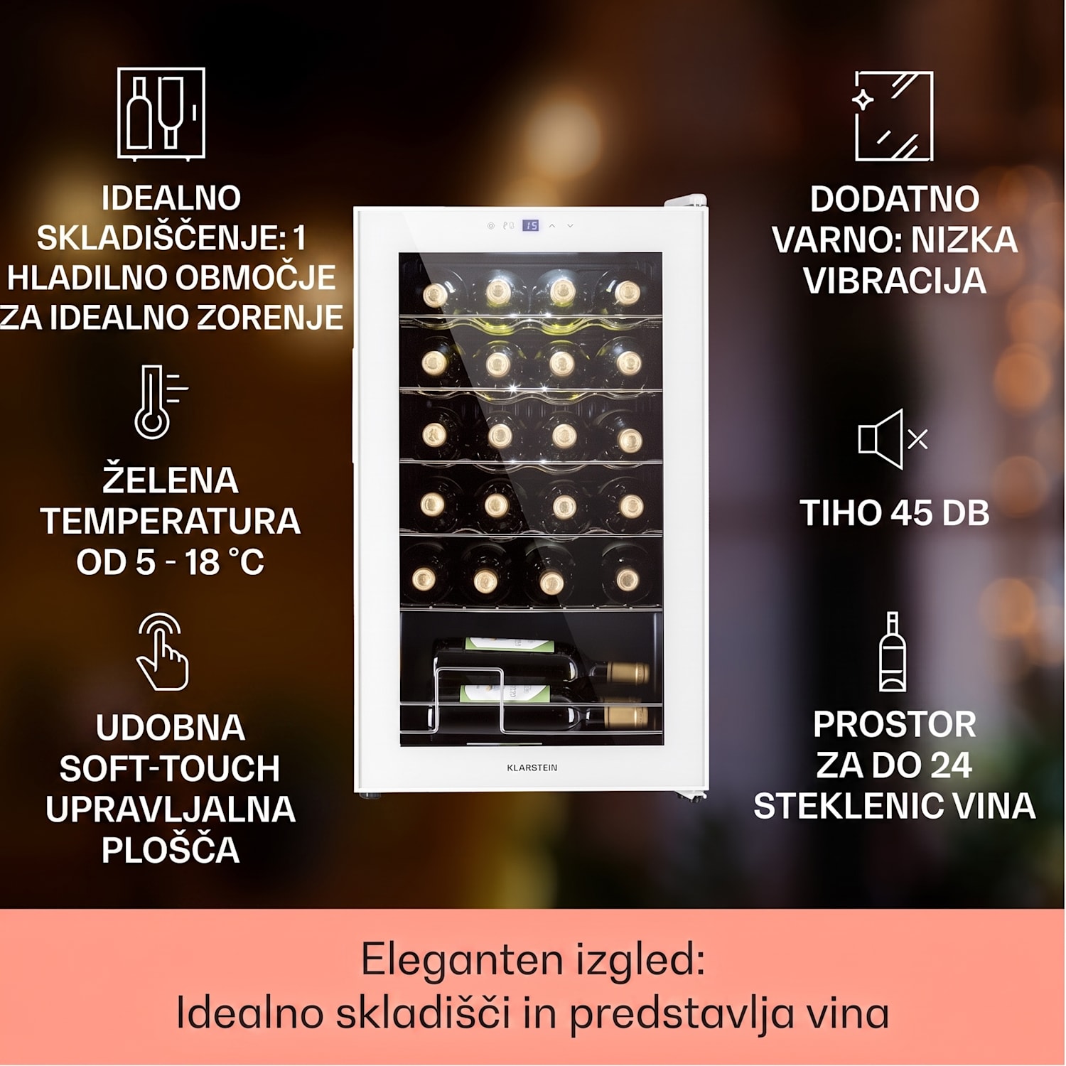 Shiraz 24 Uno, vinoteka, 63 l, 24 steklenic, 5-18 °C, nadzorna plošča na dotik 24 steklenic | 1 | Belo Steklo