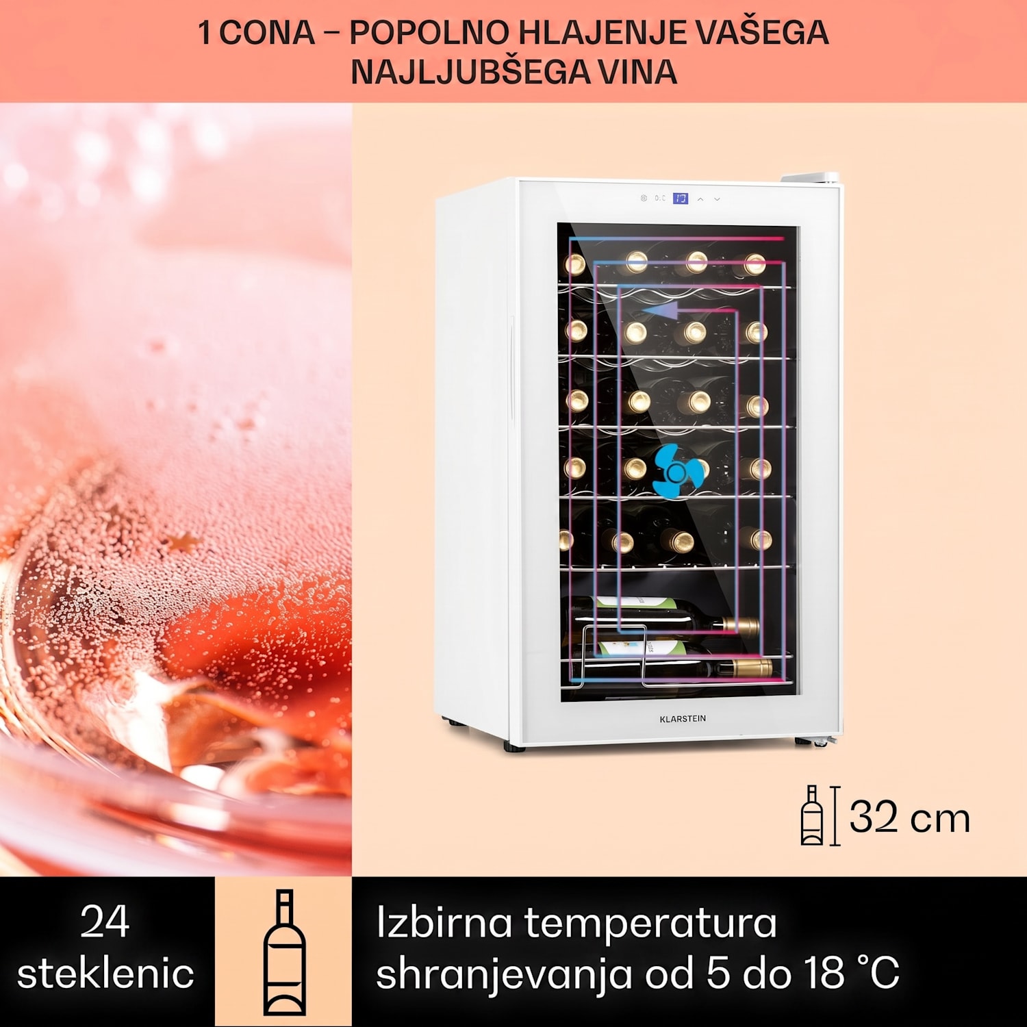 Shiraz 24 Uno, vinoteka, 63 l, 24 steklenic, 5-18 °C, nadzorna plošča na dotik 24 steklenic | 1 | Belo Steklo