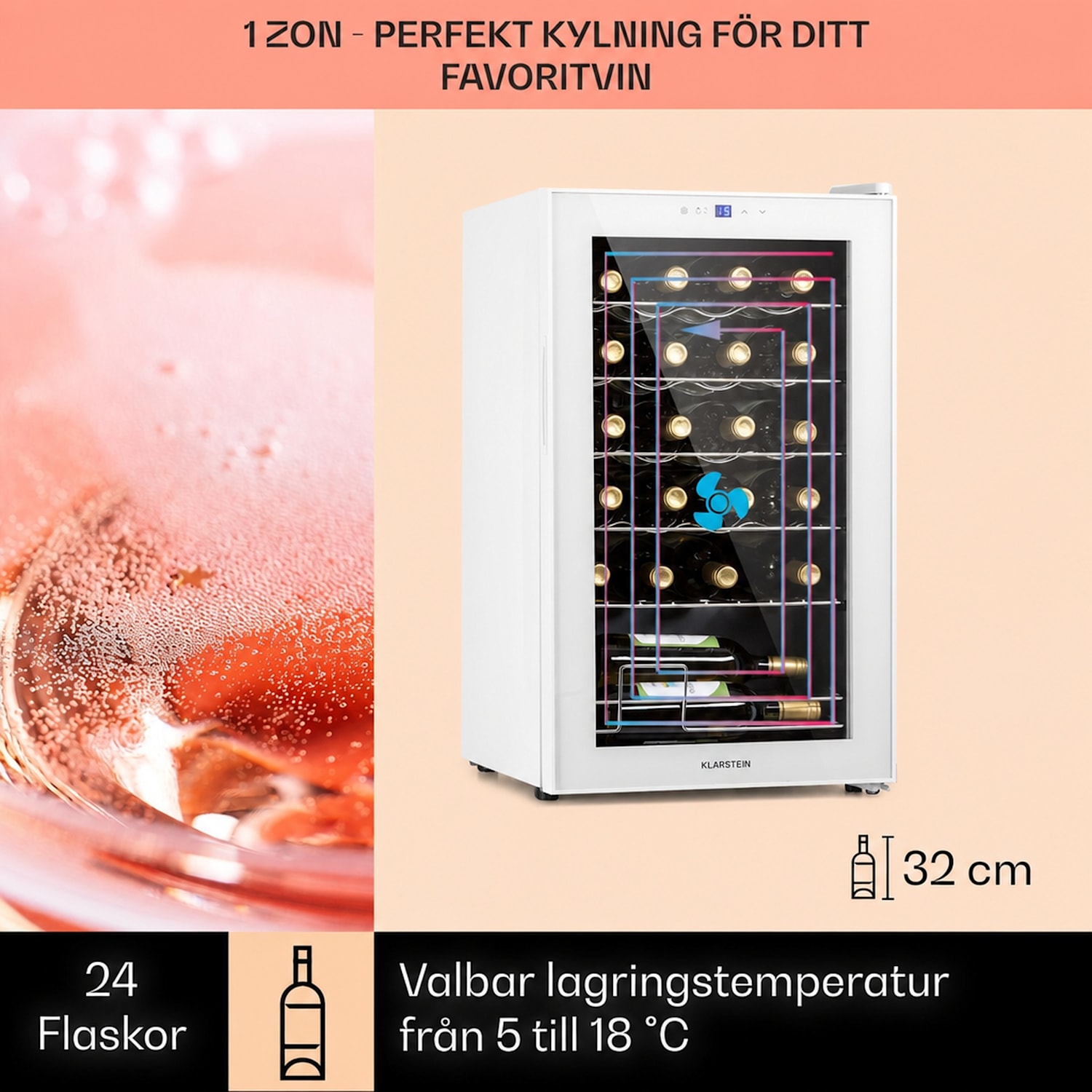 Shiraz 24 Uno Vinkylskåp 63l 24fl touch-kontrollpanel  5-18°C 24 flaskor | 1 kylzon | Vit Glas