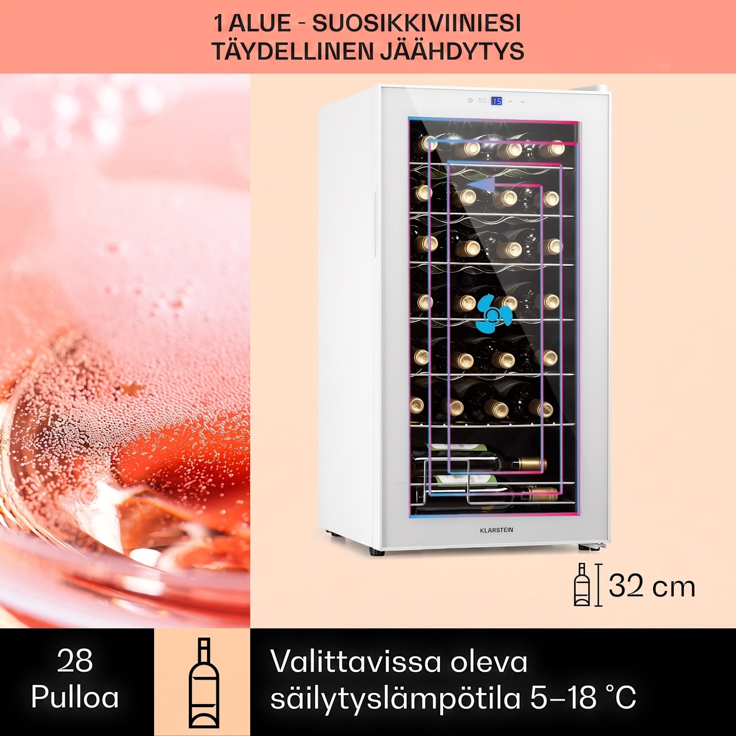 Shiraz 28 Uno viinikaappi 74 l 28 pullolle kosketuspaneeli  5-18 °C 28 pulloa | 1 jäähdytysalue | Valkoinen Lasi
