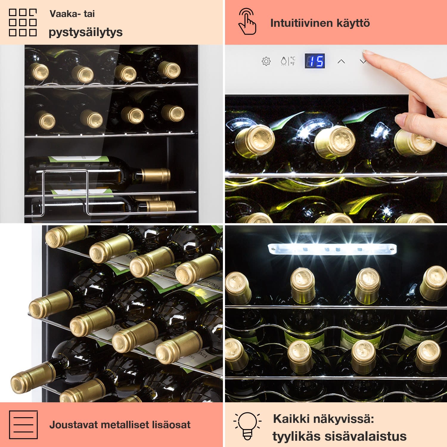 Shiraz 28 Uno viinikaappi 74 l 28 pullolle kosketuspaneeli  5-18 °C 28 pulloa | 1 jäähdytysalue | Valkoinen Lasi