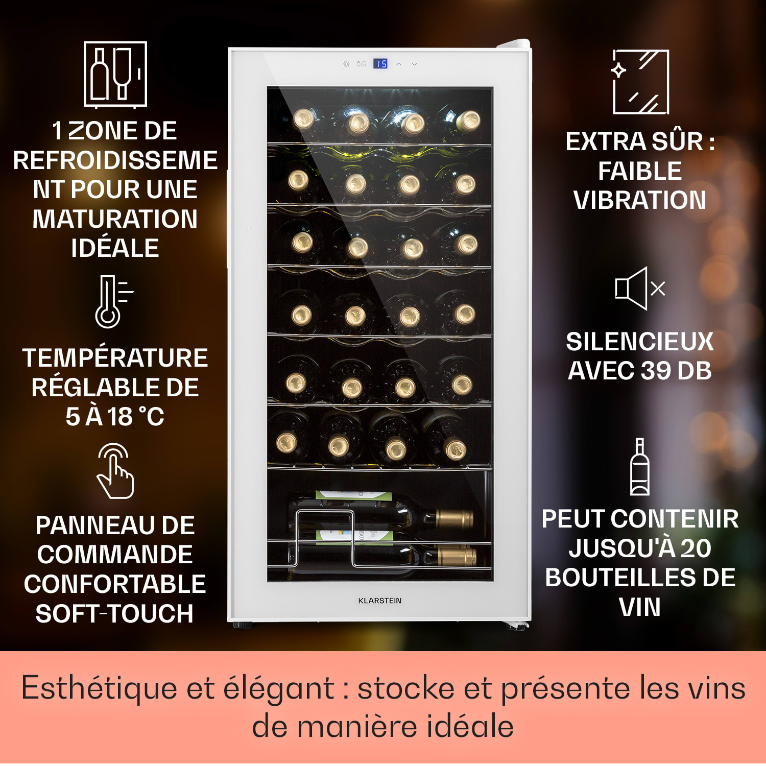 Shiraz 28 Uno wijnkoelkast 74 liter 28 flessen touch bedieningspaneel  5-18°C 28 flessen | 1 koelzone | Wit Glas