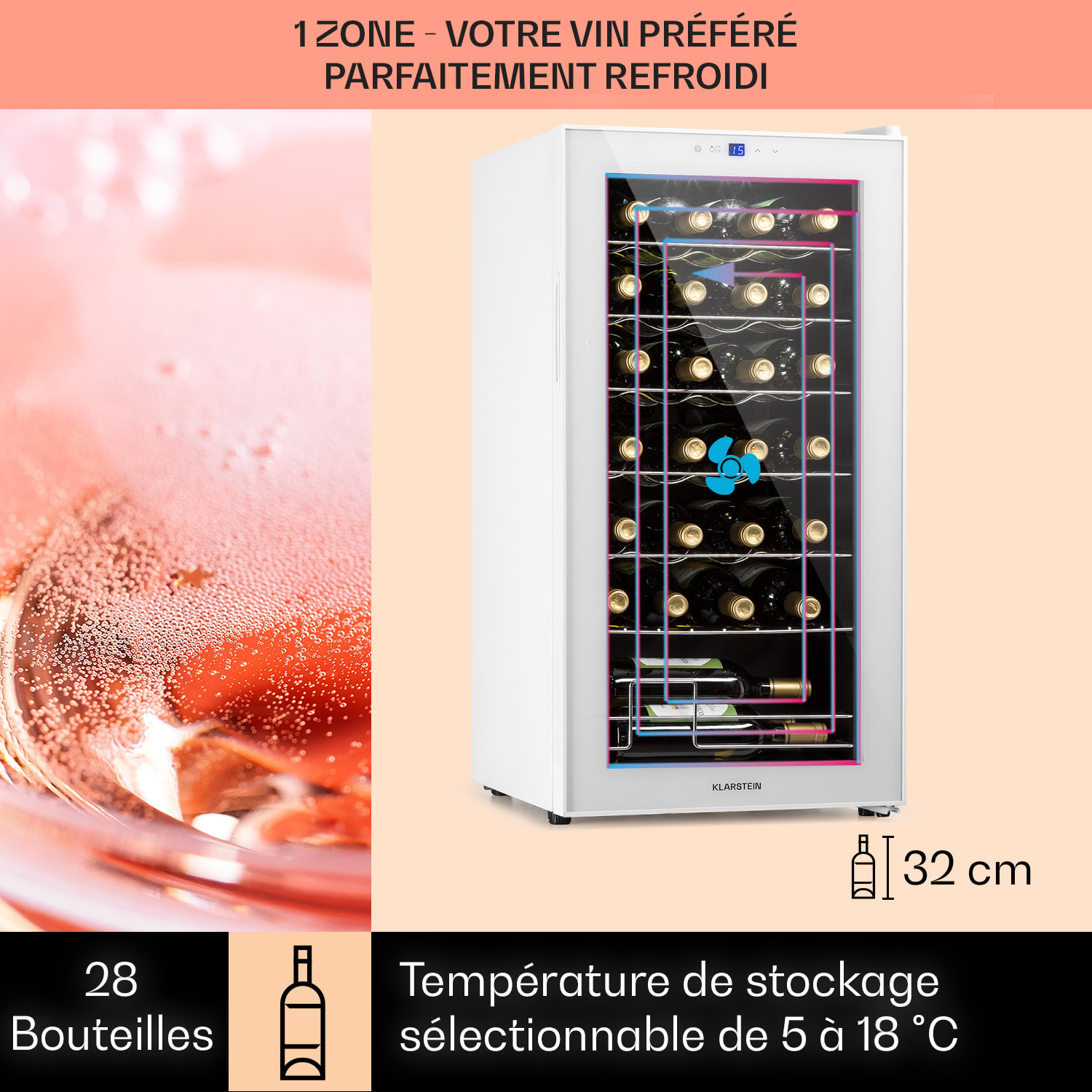 Shiraz 28 Uno wijnkoelkast 74 liter 28 flessen touch bedieningspaneel  5-18°C 28 flessen | 1 koelzone | Wit Glas