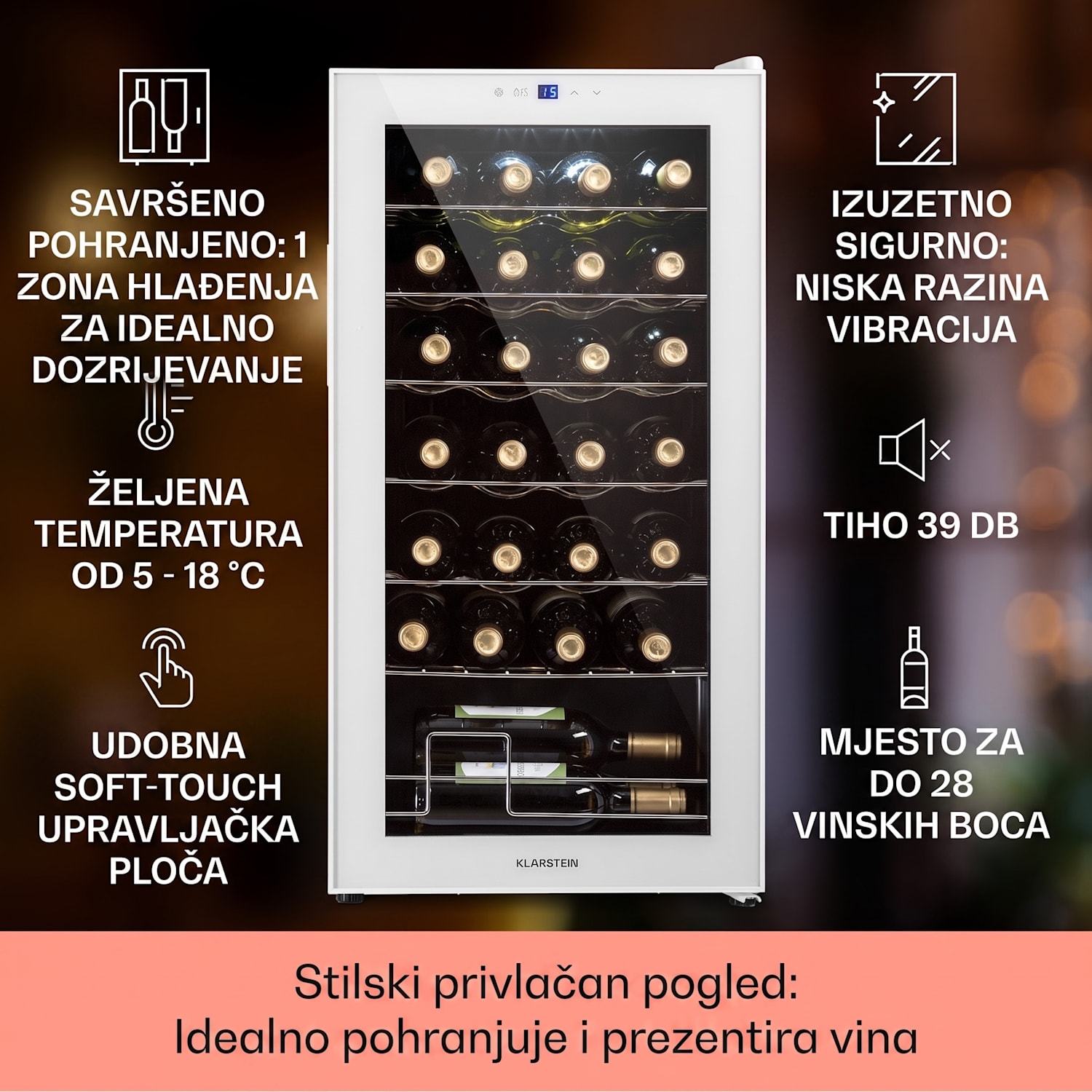 Shiraz 28 Uno, hladnjak za vino, 74l, 28fl, touch control panel, 5-18°C 28 boce | 1 | Bijelo staklo