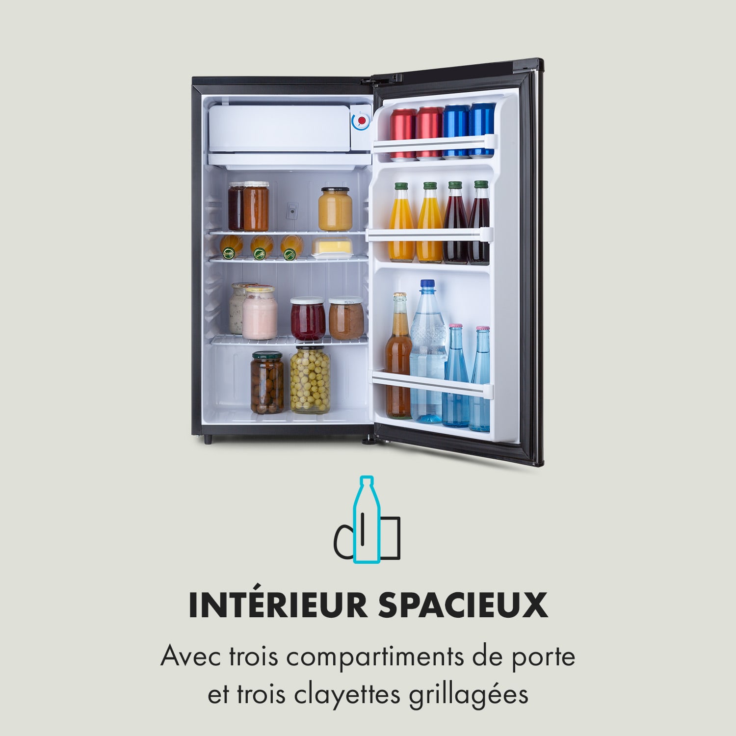 Yummy koelkast met vriesvak 90 liter 42dB 92 Ltr | Zilver Metallic