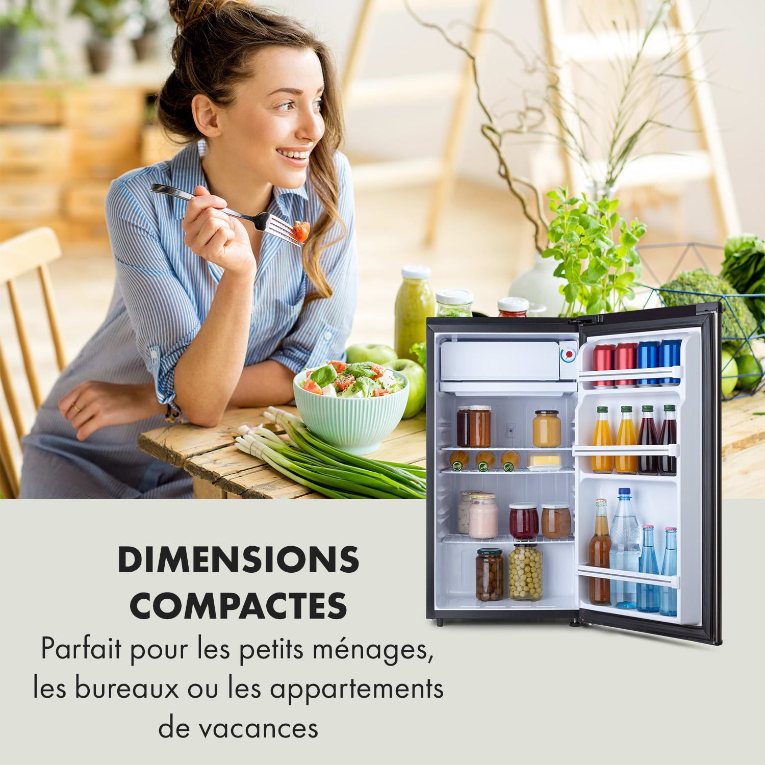 Yummy koelkast met vriesvak 90 liter 42dB 92 Ltr | Zilver Metallic