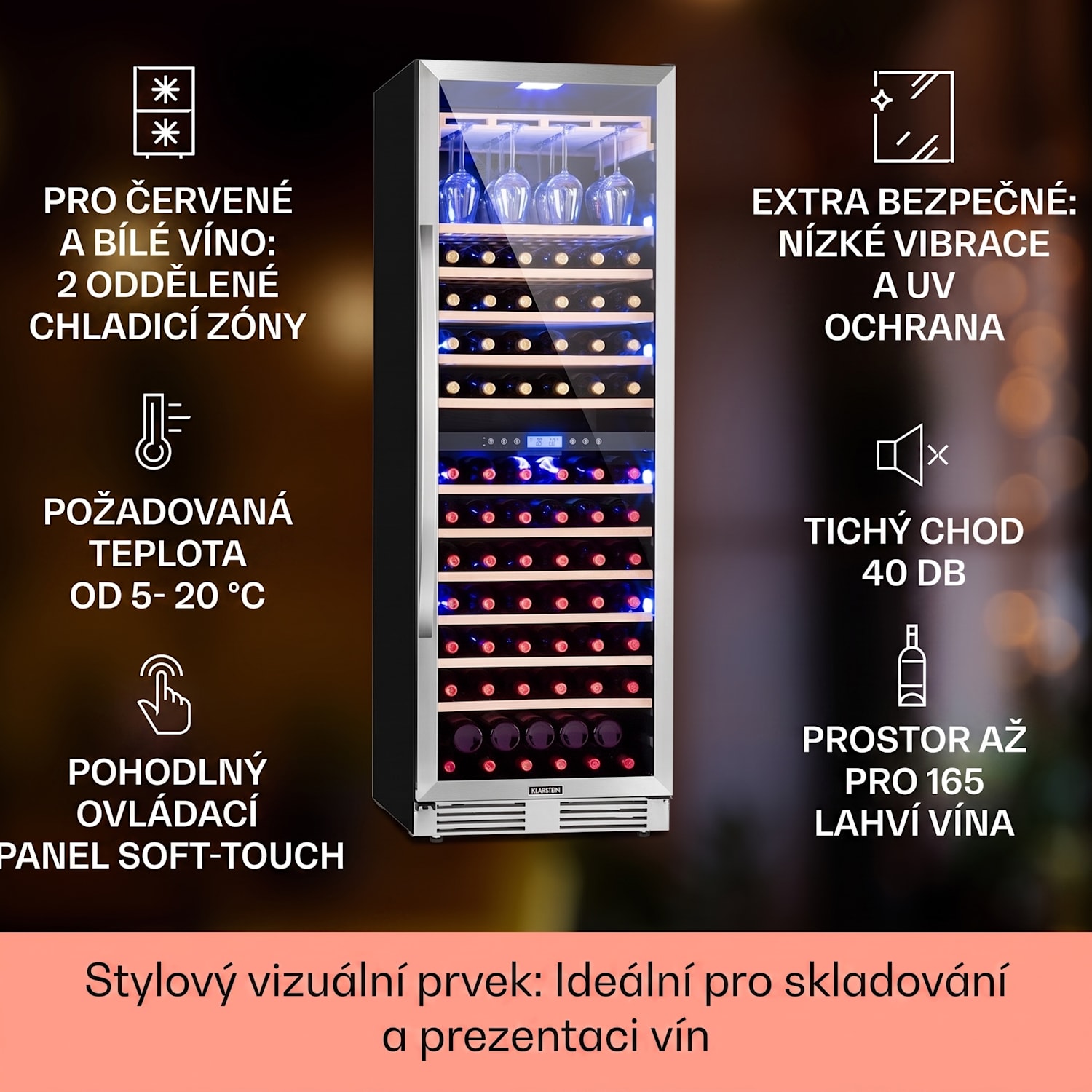 Vinovilla Grande Duo, vinotéka, 425 l/165 lahví, 3barevné LED osvětlení 425 litrů | 2 chladicí zóny