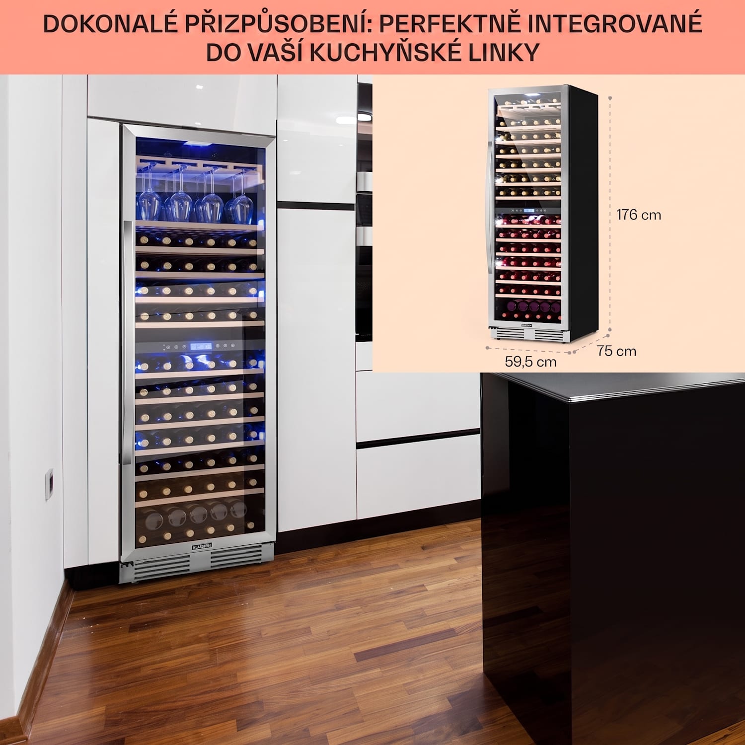 Vinovilla Grande Duo, vinotéka, 425 l/165 lahví, 3barevné LED osvětlení 425 litrů | 2 chladicí zóny