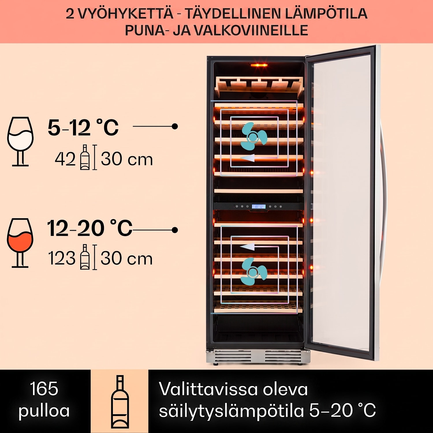 Vinovilla Grande 165 Built-in Duo viinijääkaappi 425 l 165 pullolle 3-värinen lasiovi 425 l | 2 jäähdytysalue