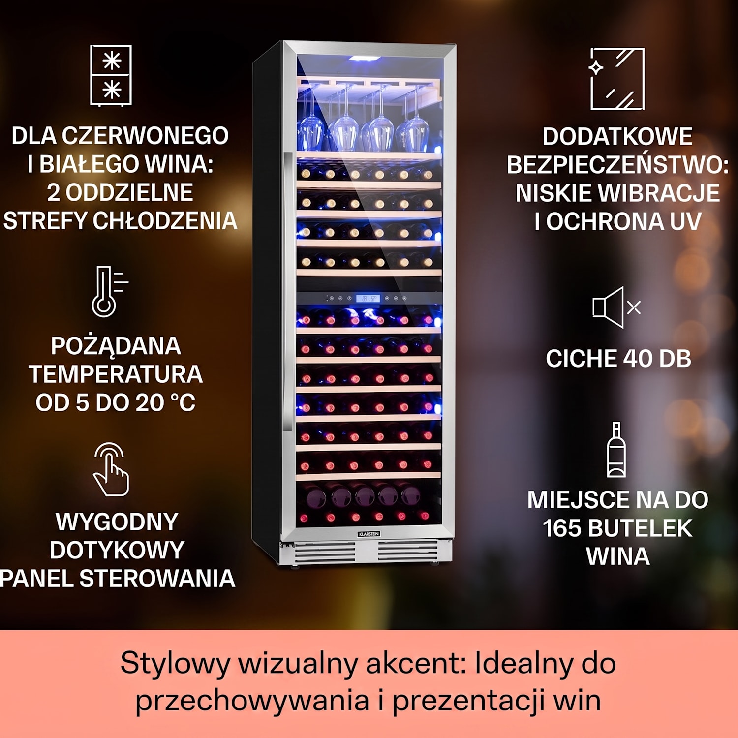 Vinovilla Grande Duo, chłodziarka do wina, pojemna, 425 l, 165 butelek, 3-kolorowe oświetlenie LED 425 Ltr | 2 strefy chłodzenia