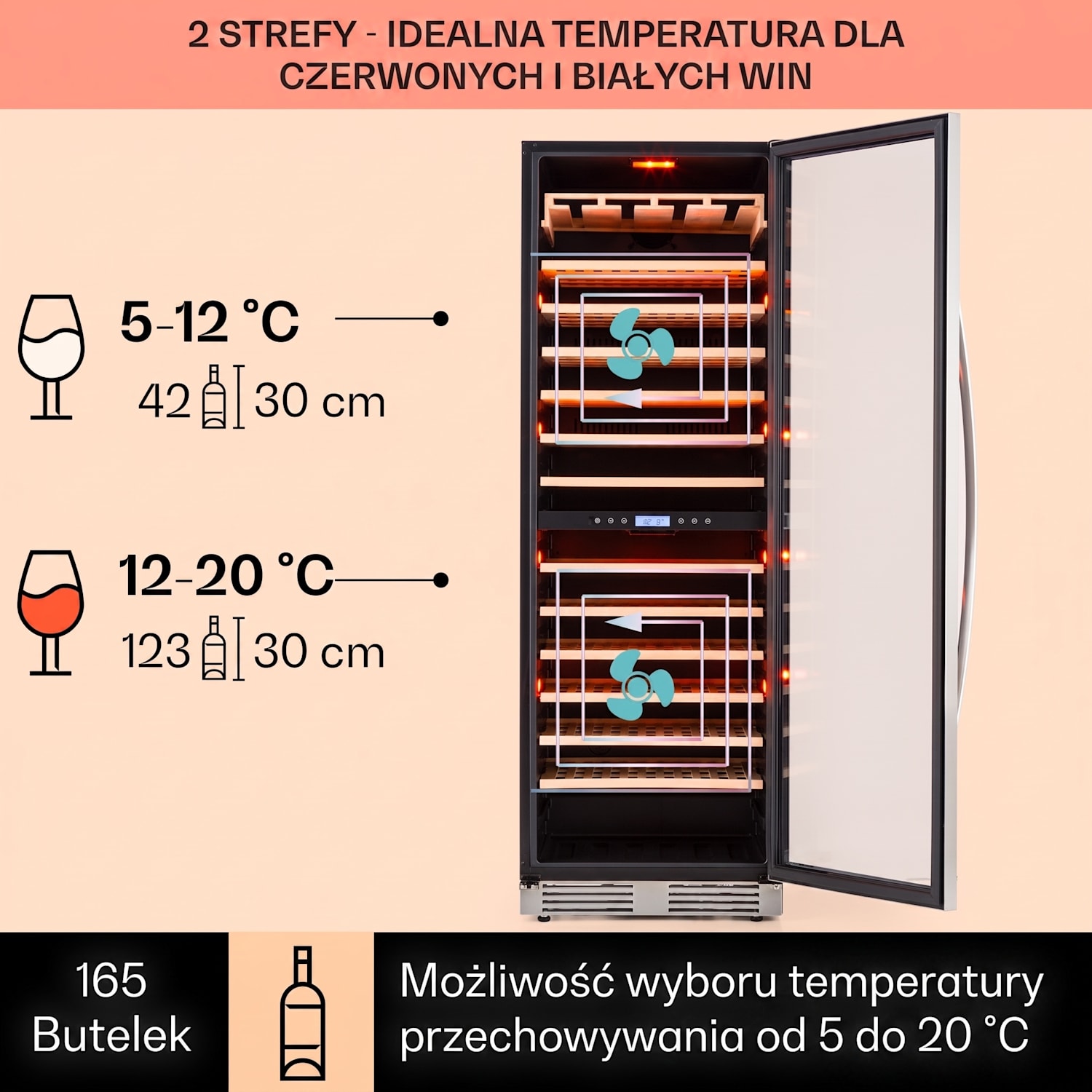 Vinovilla Grande Duo, chłodziarka do wina, pojemna, 425 l, 165 butelek, 3-kolorowe oświetlenie LED 425 Ltr | 2 strefy chłodzenia