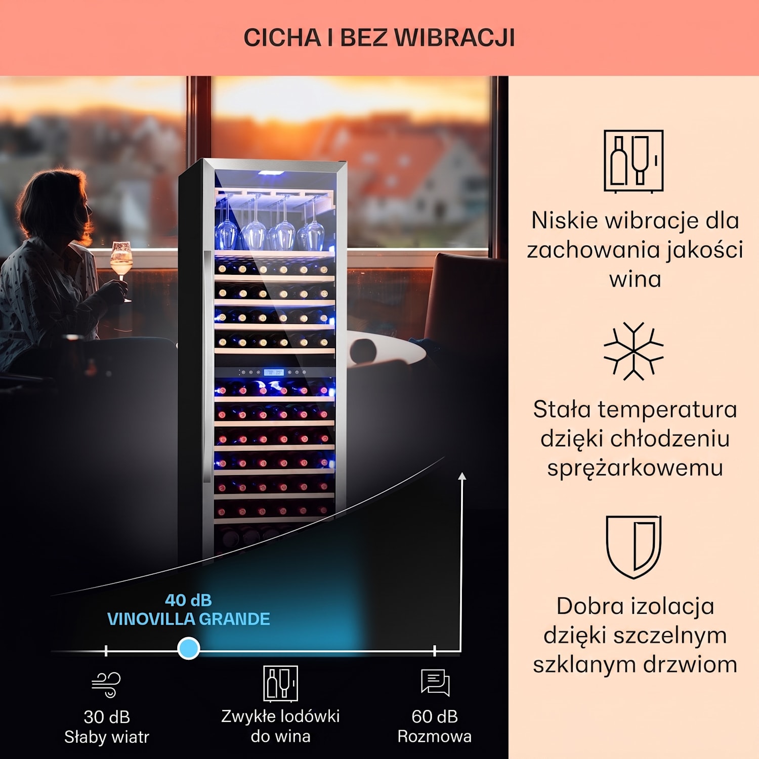 Vinovilla Grande Duo, chłodziarka do wina, pojemna, 425 l, 165 butelek, 3-kolorowe oświetlenie LED 425 Ltr | 2 strefy chłodzenia