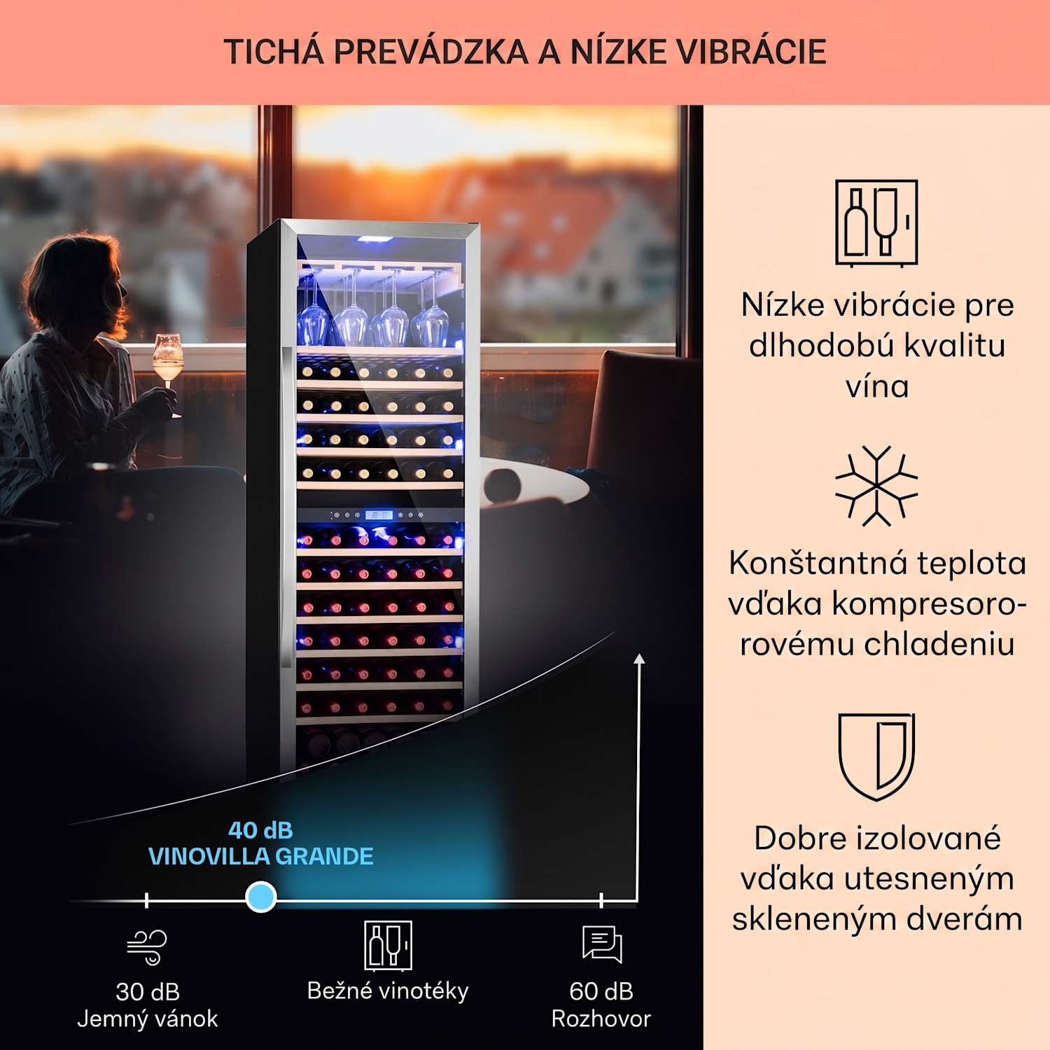 Vinovilla Grande Duo, veľkoobjemová vinotéka, 425 l, 165 fliaš, 3-farebné LED osvetlenie 425 litrov | 2 chladiace zóny