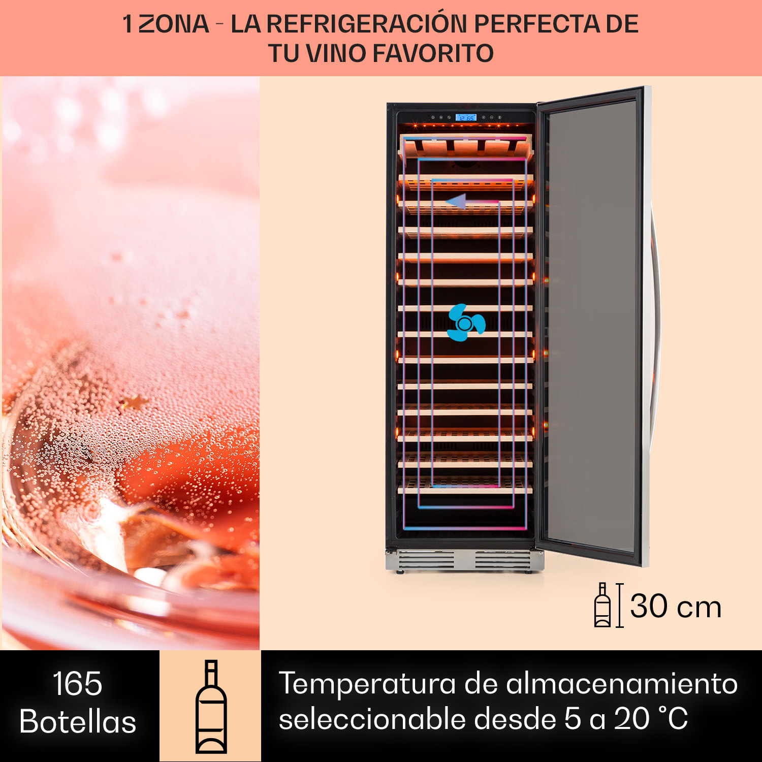 Vinovilla Grande 165 Frigorífico para vino empotrable 425l 165Fl. Puerta de cristal en 3 colores 