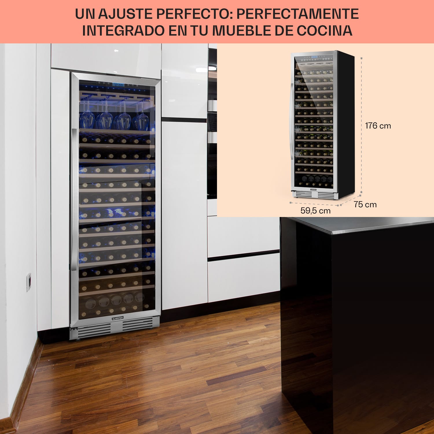 Vinovilla Grande 165 Frigorífico para vino empotrable 425l 165Fl. Puerta de cristal en 3 colores 