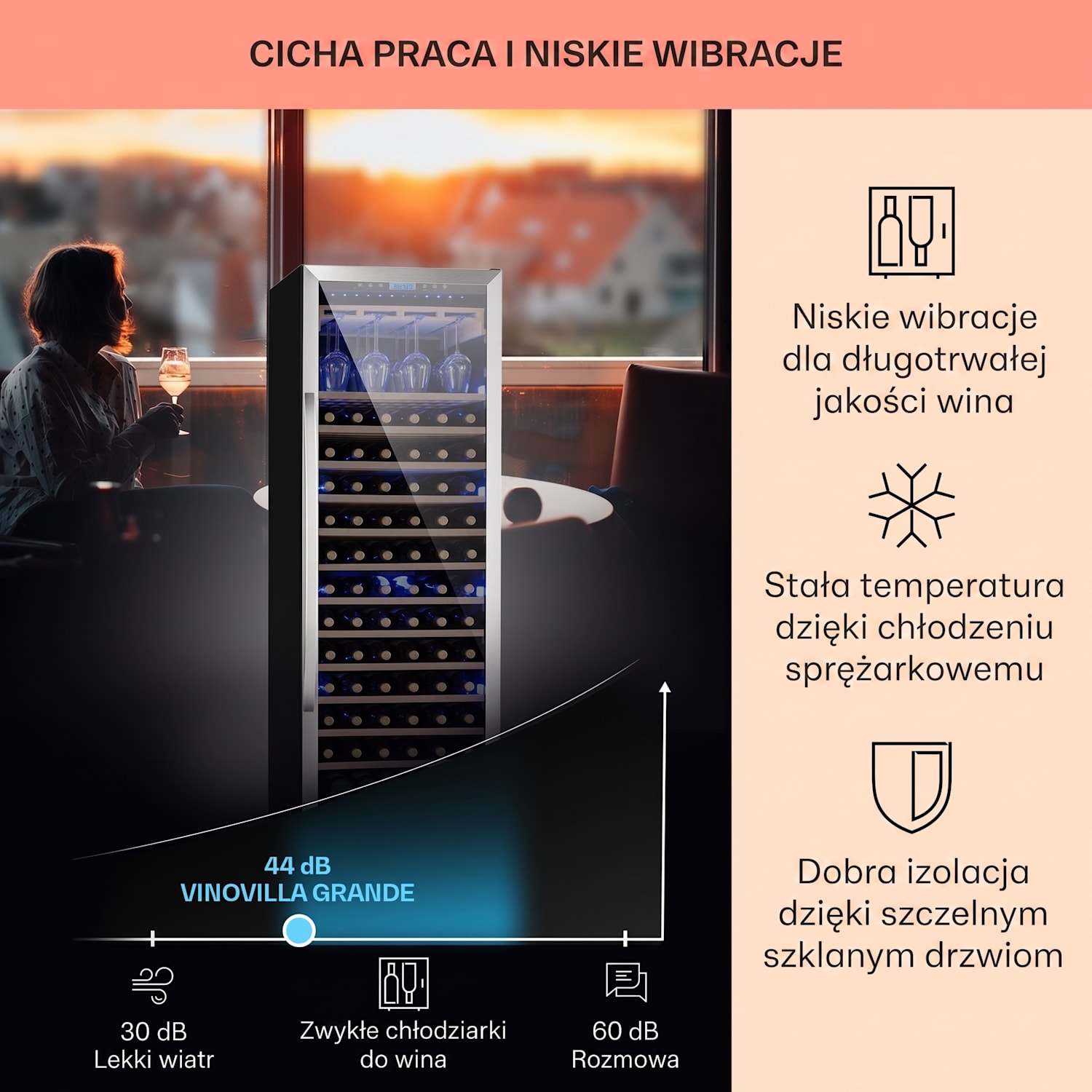 Vinovilla Grande 165 Built-in Uno, chłodziarka do wina, 425 l, 165 butelek Szklane drzwi 