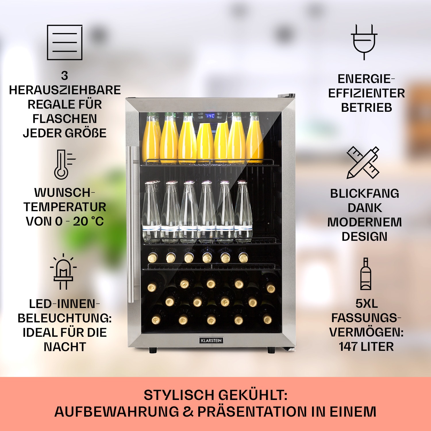 Beersafe 5XL Kühlschrank 148 Liter 3 Böden Panoramaglastür Edelstahl 148 Ltr | Silber / Schwarz