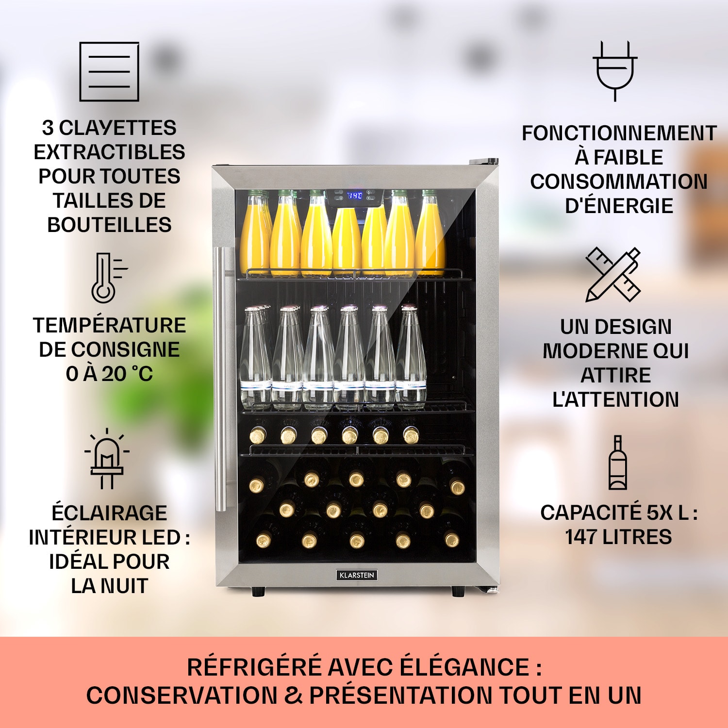 Beersafe 5XL Réfrigérateur 147 litres 3 clayettes Porte vitrée panoramique Acier inoxydable 147 L | Noir | Argent