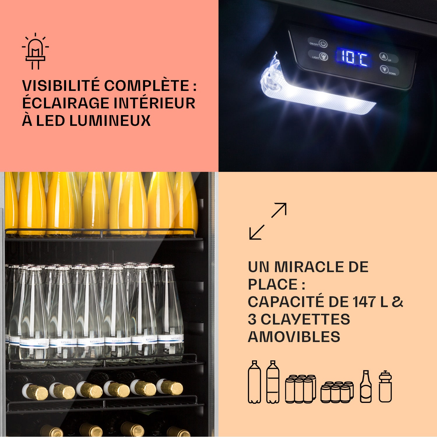 Beersafe 5XL Réfrigérateur 147 litres 3 clayettes Porte vitrée panoramique Acier inoxydable 147 L | Noir | Argent