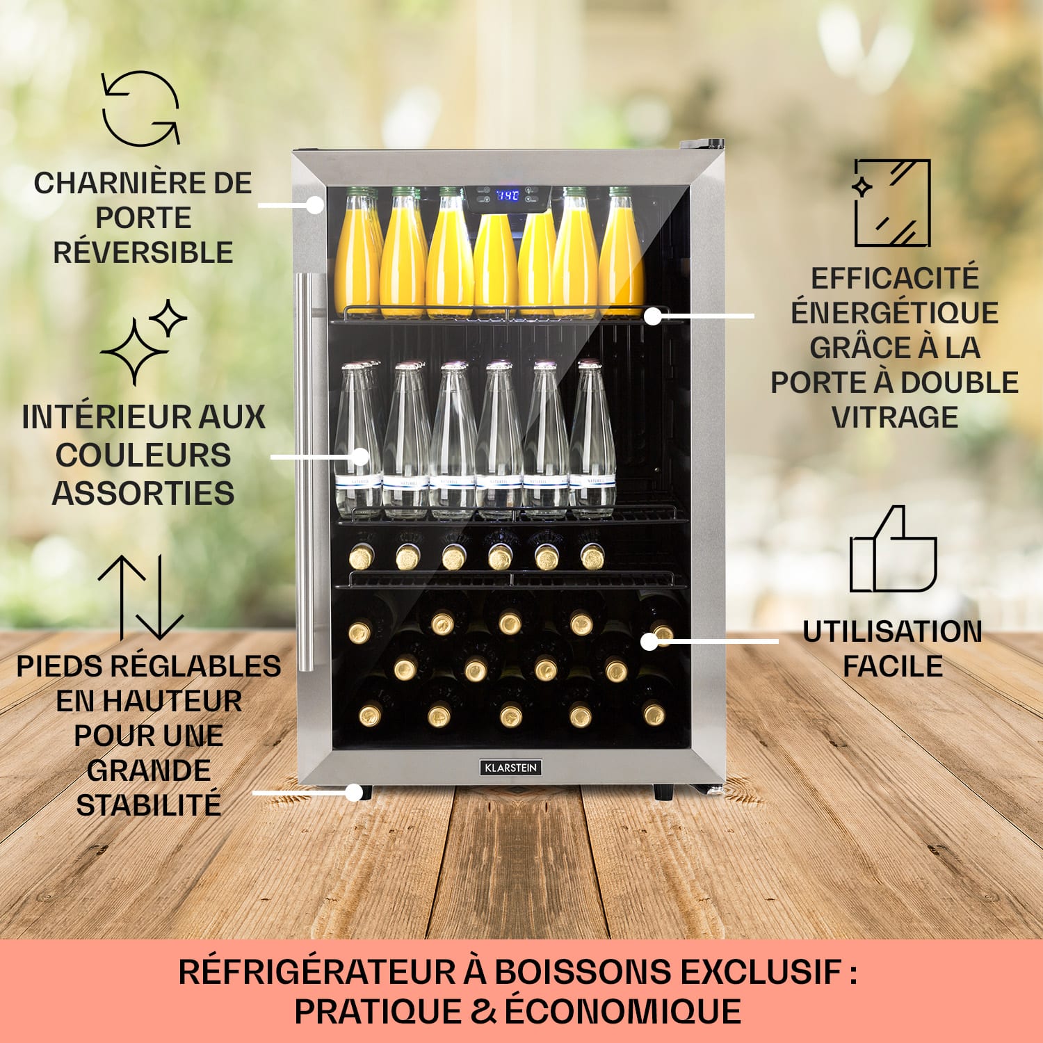 Beersafe 5XL koelkast 148 liter 3 plateaus glazen panoramadeur roestvrij staal 148 ltr | Zilver / Zwart