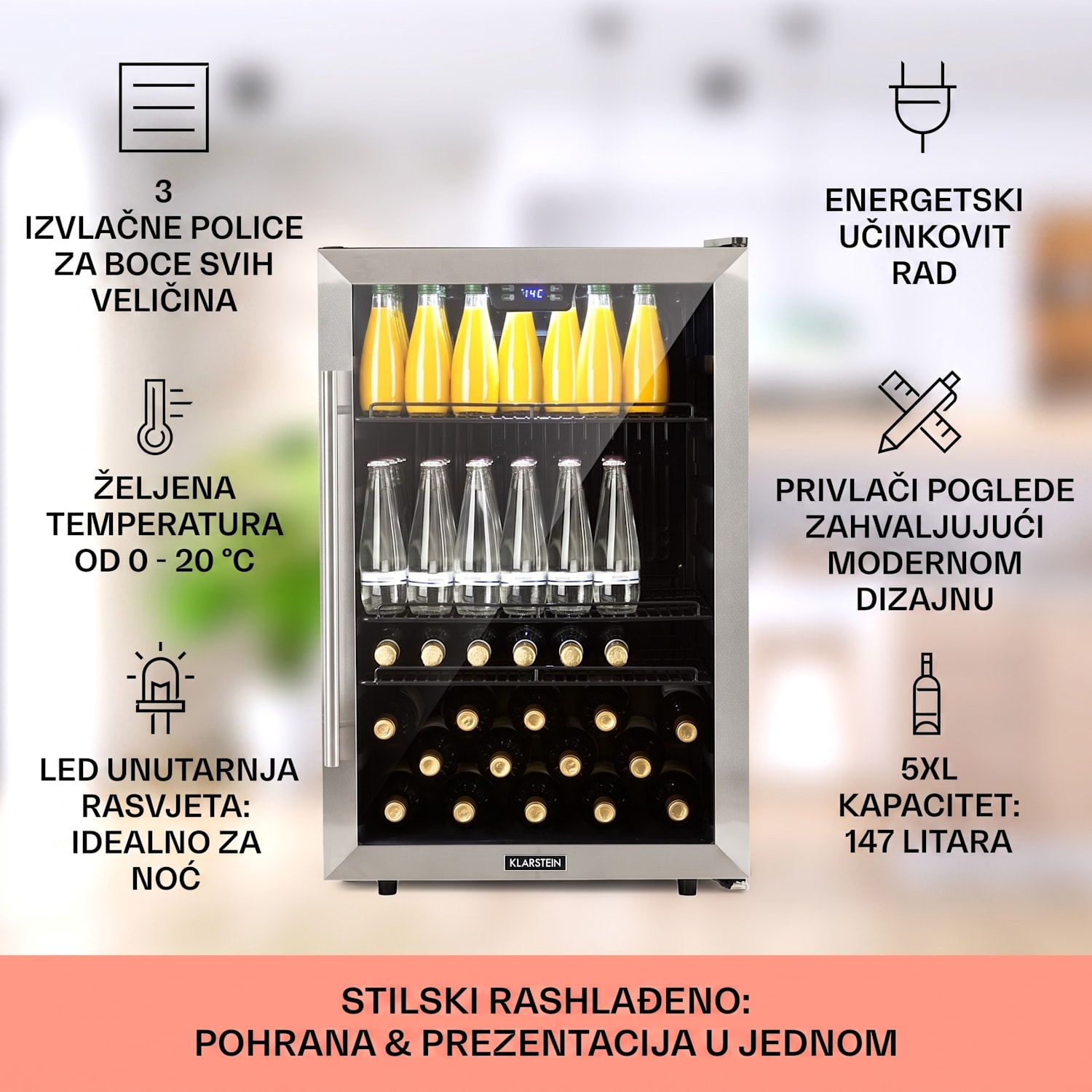 Beersafe 5XL, hladnjak, 147 litara, 3 police, panoramska staklena vrata, nehrđajući čelik 147 L | Crna | Srebro