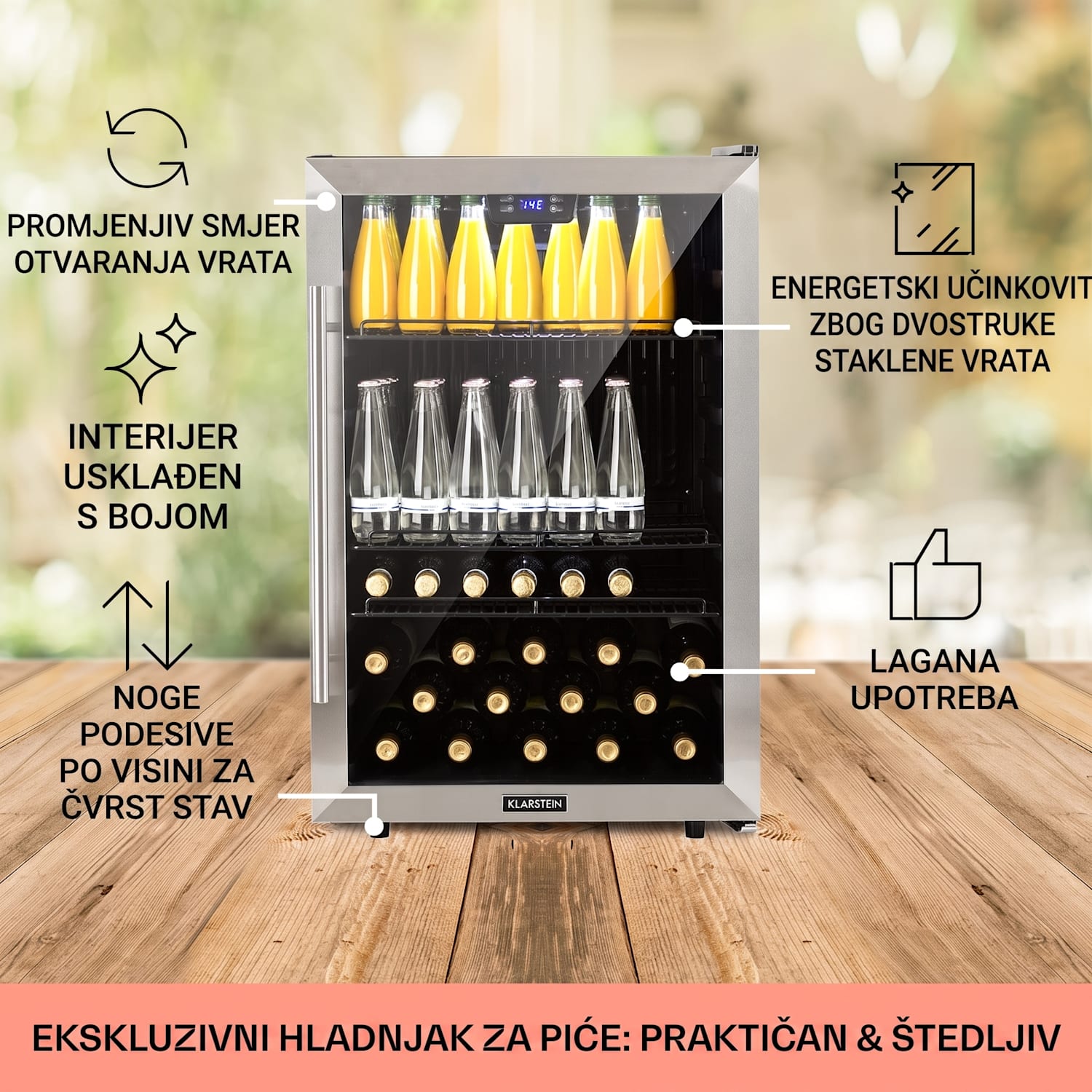 Beersafe 5XL, hladnjak, 147 litara, 3 police, panoramska staklena vrata, nehrđajući čelik 147 L | Crna | Srebro