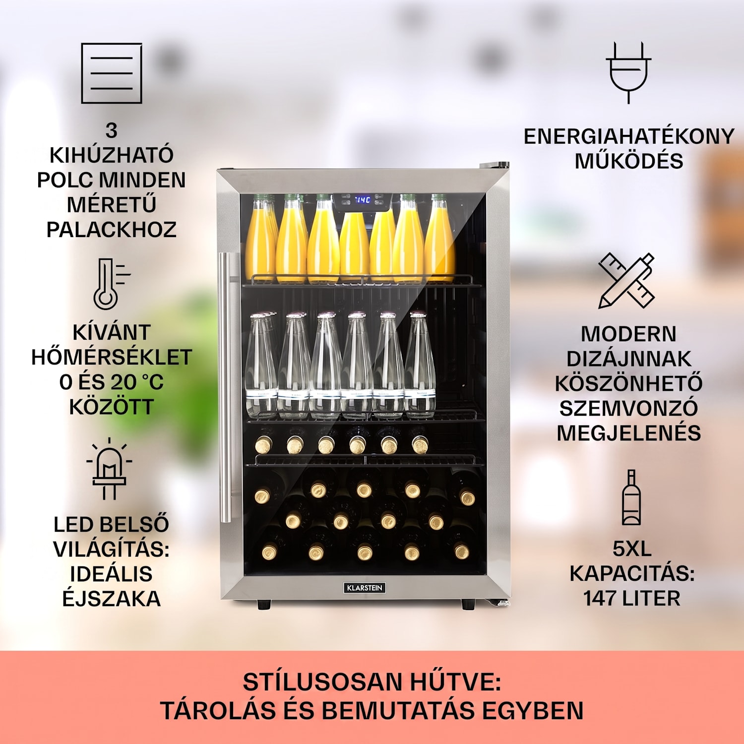Beersafe 5XL, hűtőszekrény, 147 liter, 3 polc, panoráma üvegajtó, rozsdamentes acél 147 L | Fekete | Ezüst