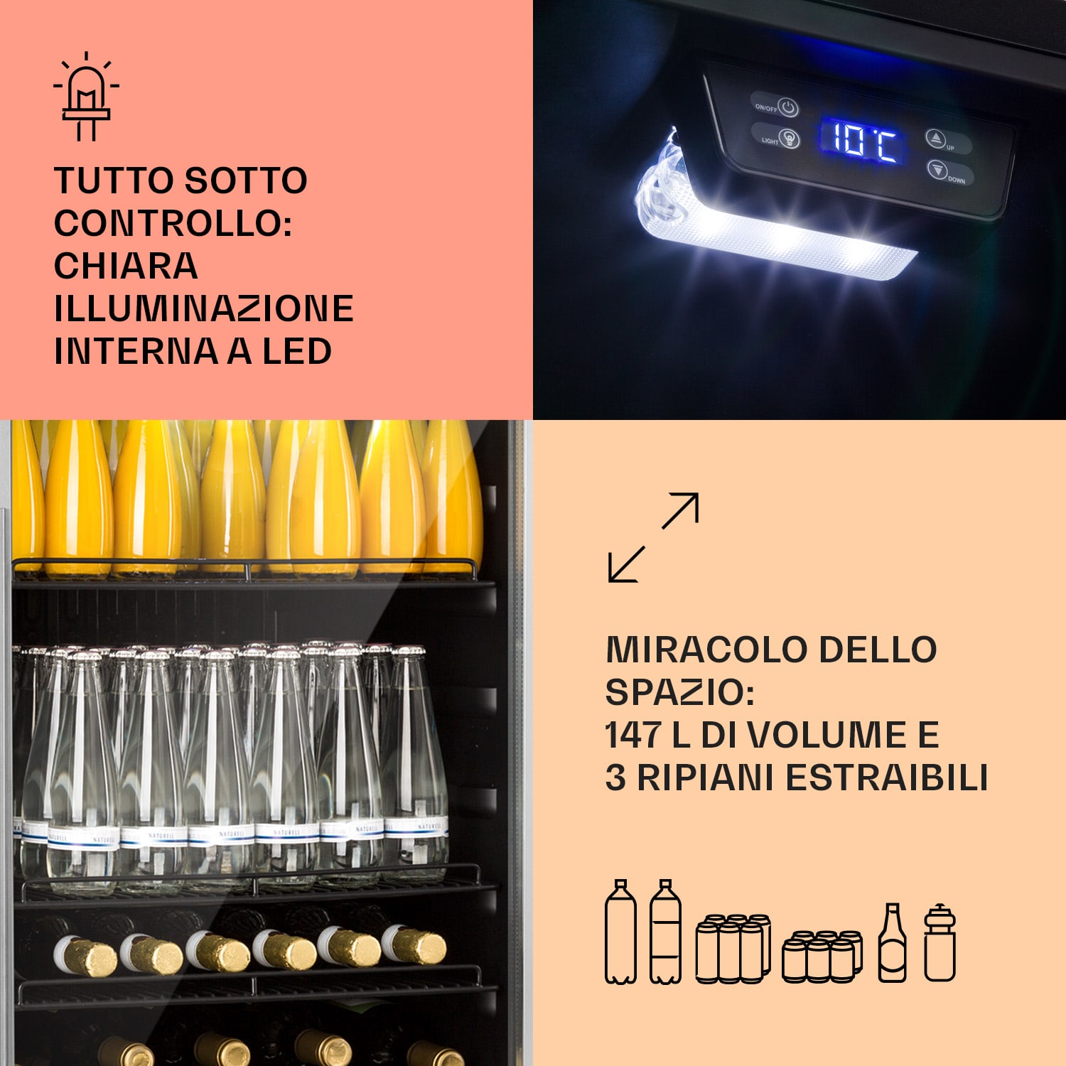 Beersafe 5XL - Frigorifero, 148 litri, 3 ripiani, sportello panoramico in vetro, acciaio inox 148 Ltr | Argento / Nero