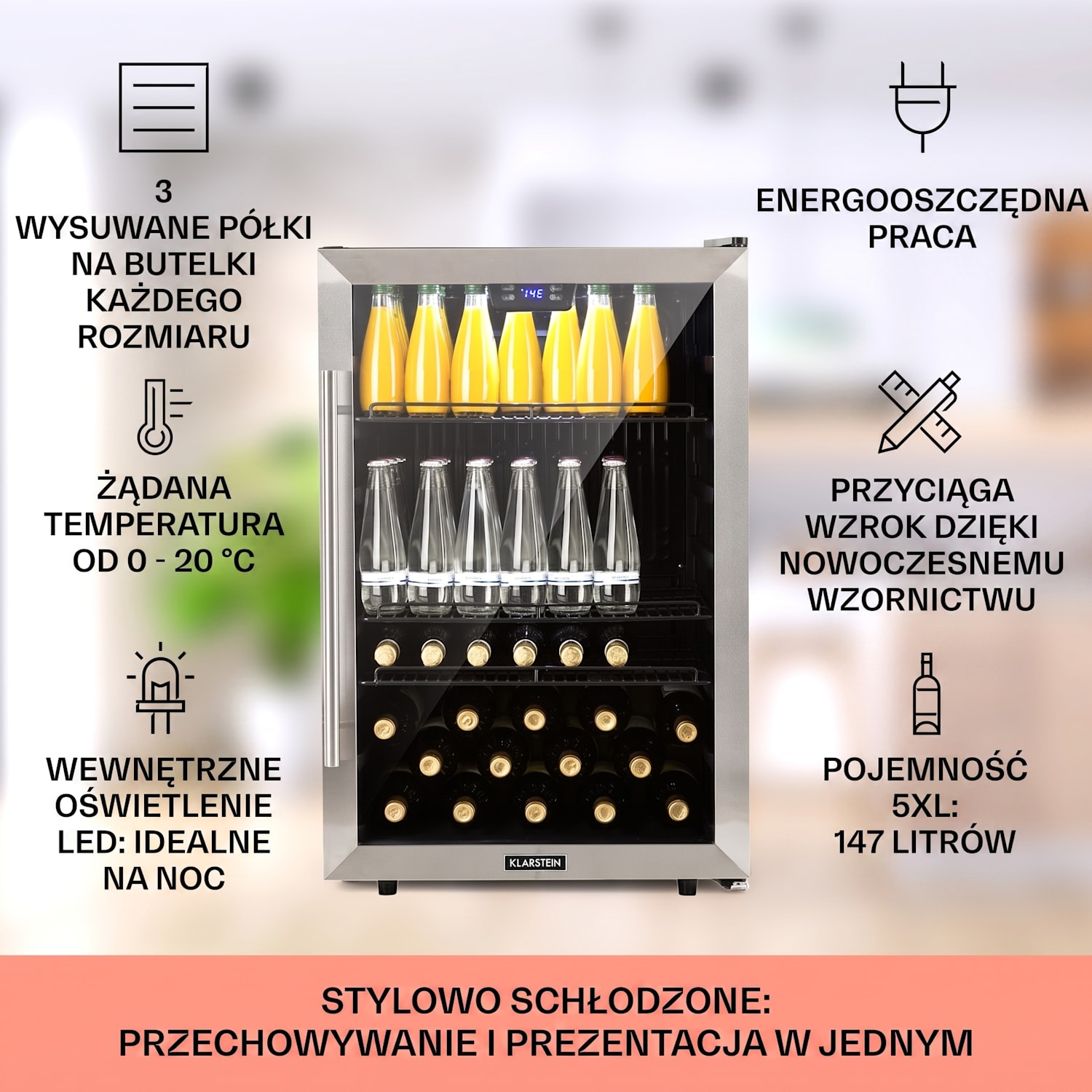 Beersafe 5XL, lodówka na napoje, 147 l, 3 półki, panoramiczne szklane drzwi, stal nierdzewna 147 L | Czarny | Srebrny