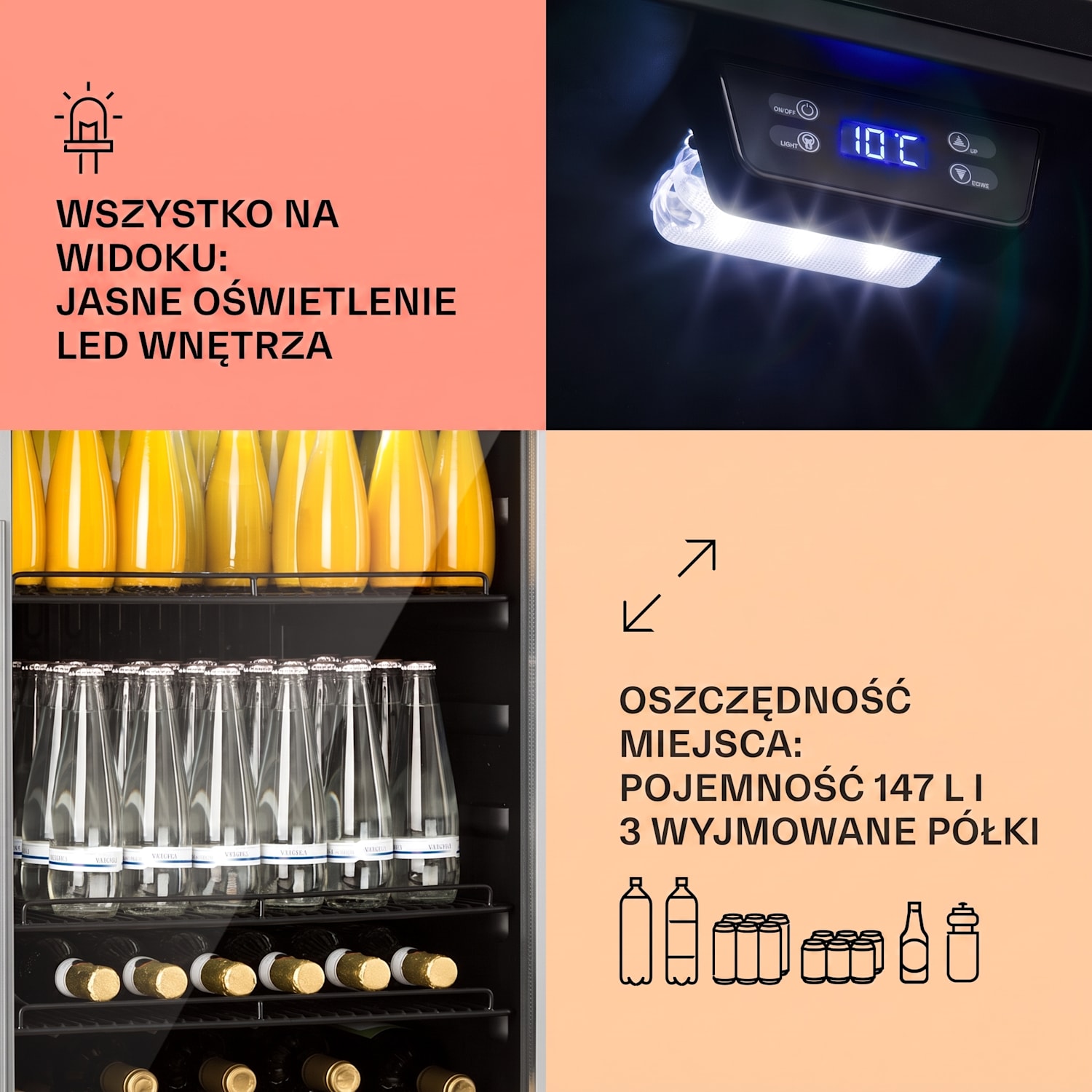 Beersafe 5XL, lodówka na napoje, 147 l, 3 półki, panoramiczne szklane drzwi, stal nierdzewna 147 L | Czarny | Srebrny