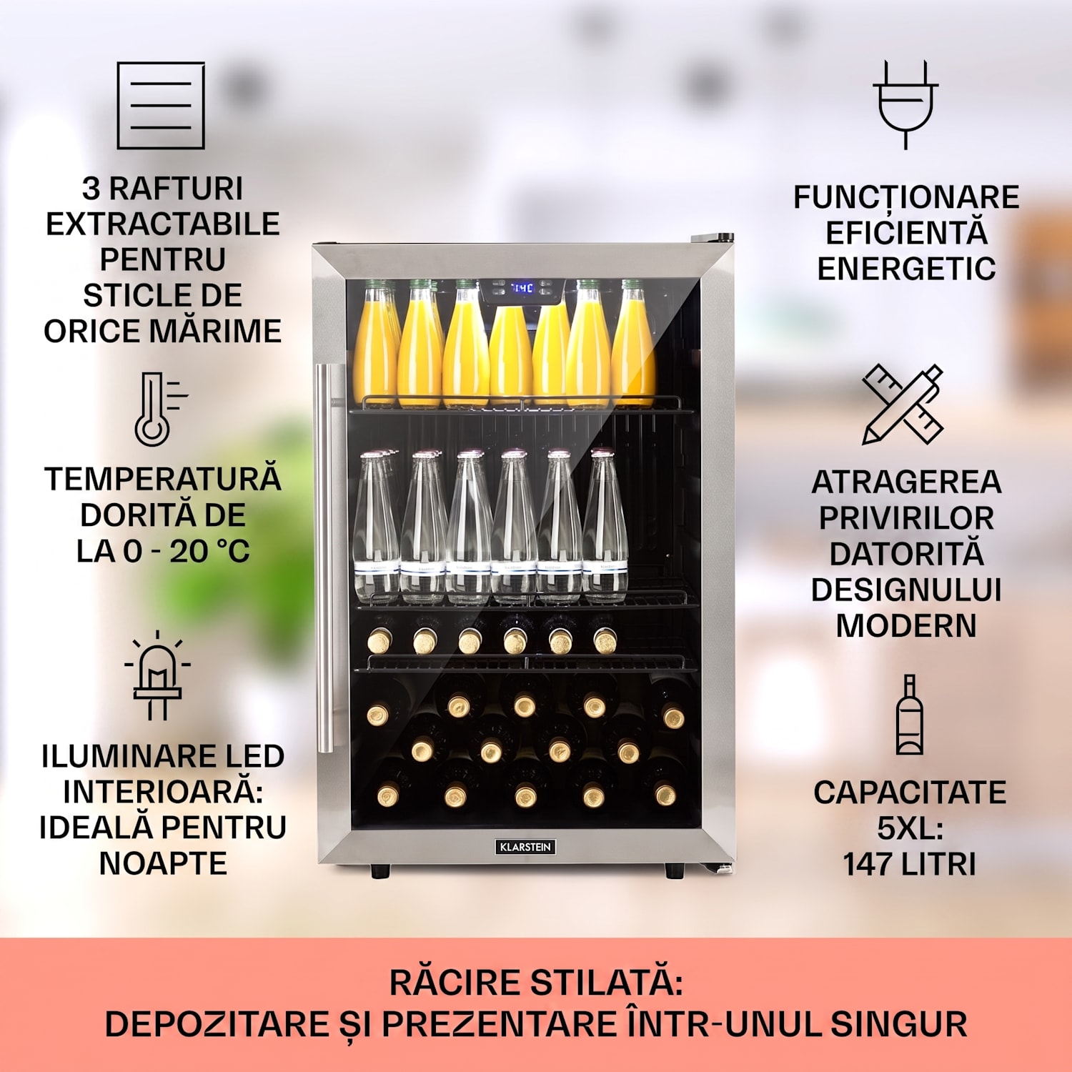 Beersafe 5XL, frigider, 147 litri, 3 rafturi, ușă panoramică din sticlă, oțel inoxidabil 147 L | Negru | Argintiu