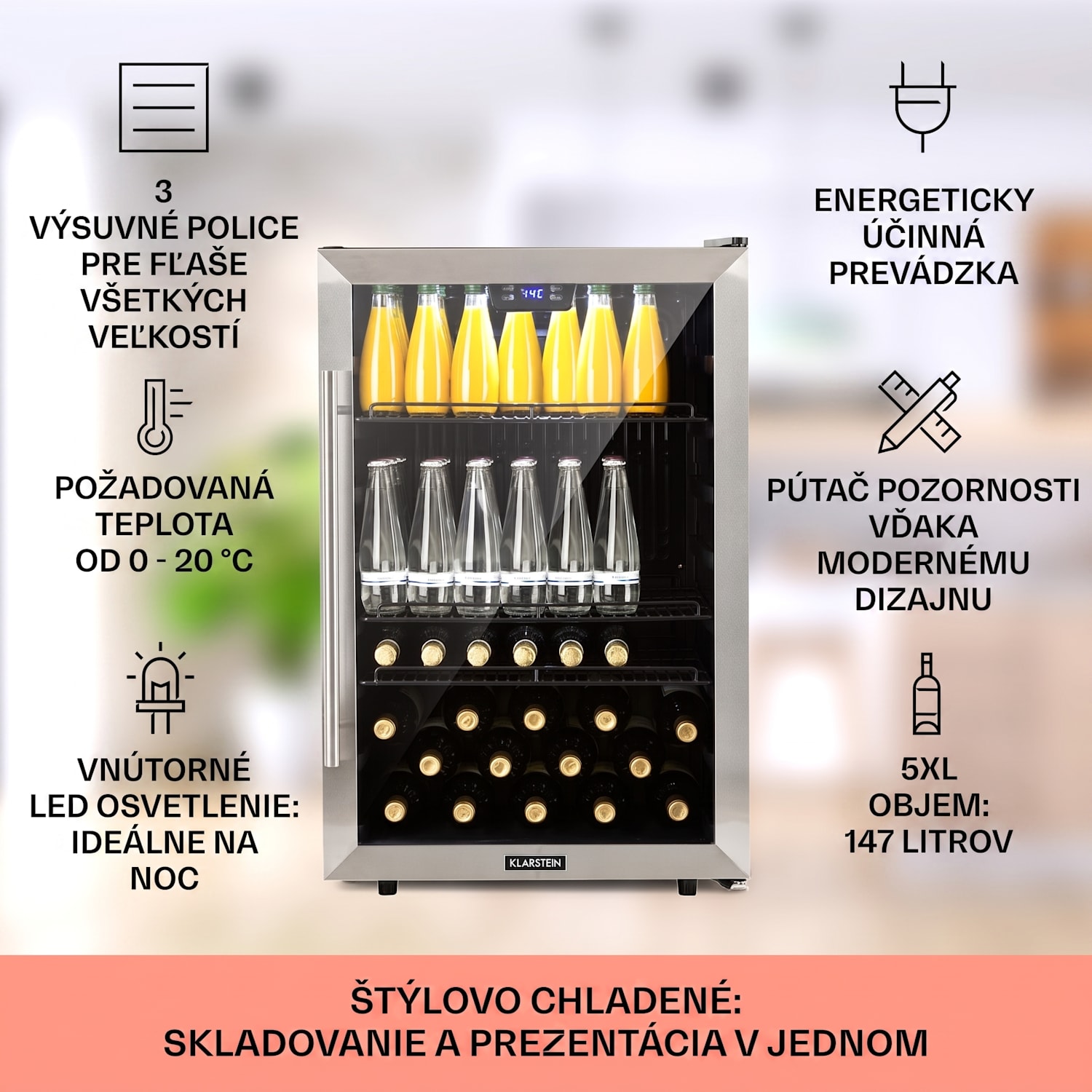 Beersafe 5XL, chladnička, 147 l, 3 police, panoramatické sklenené dvere, nehrdzavejúca oceľ 147 L | Čierna | Strieborná