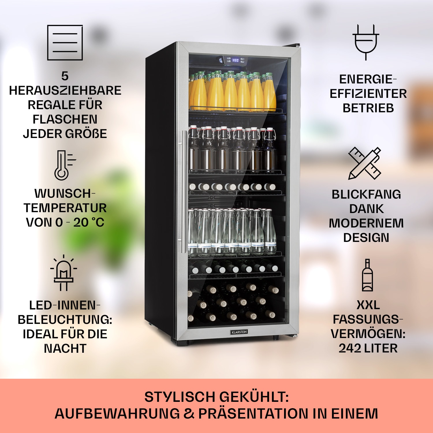 Beersafe 7XL Réfrigérateur 242 litres 5 clayettes Porte en verre panoramique Acier inoxydable 242 L | Noir | Argent