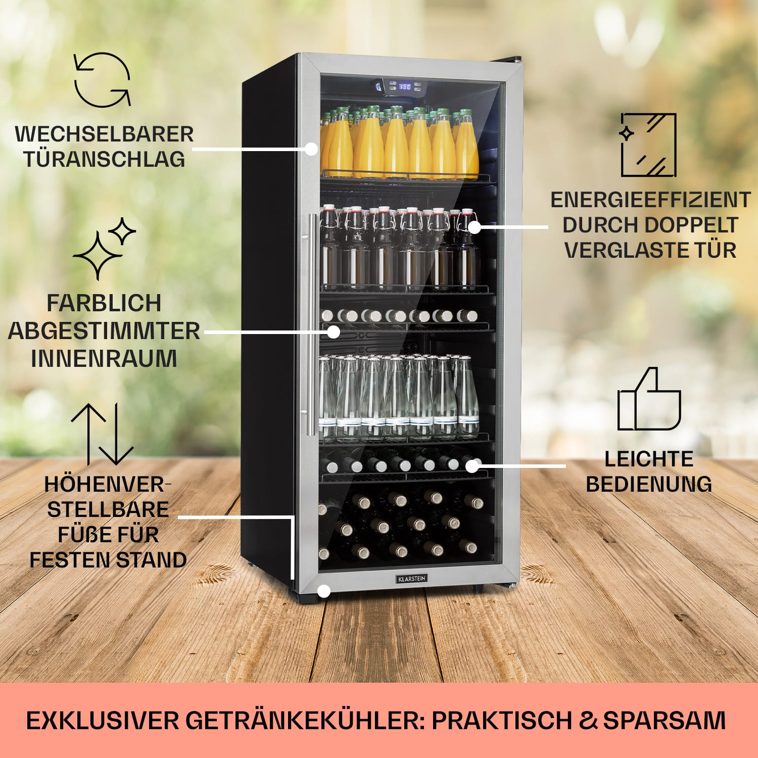 Beersafe 7XL Réfrigérateur 242 litres 5 clayettes Porte en verre panoramique Acier inoxydable 242 L | Noir | Argent