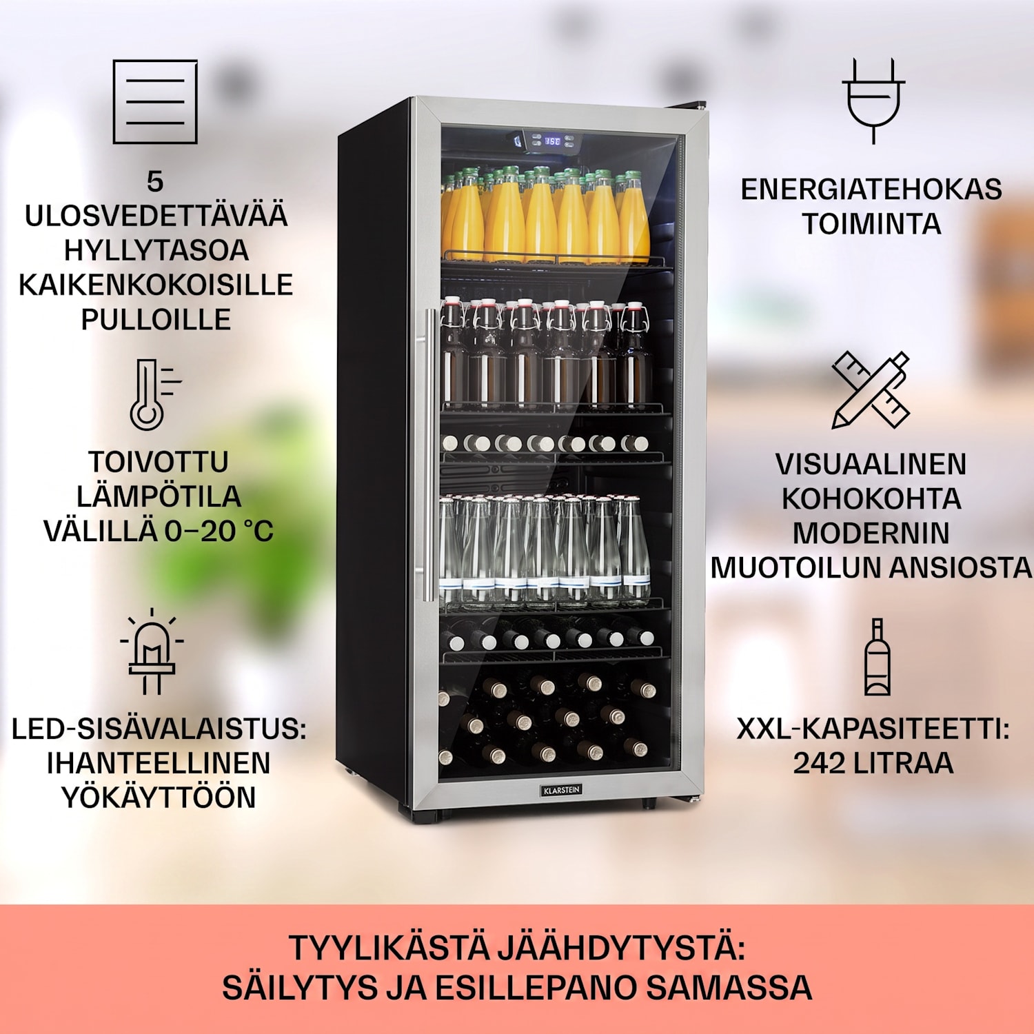 Beersafe 7XL jääkaappi 242 litraa 5 hyllyä panoraamalasiovi ruostumaton teräs 242 L | Musta | Hopea