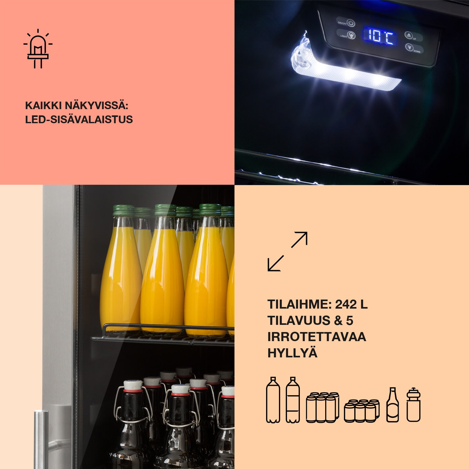 Beersafe 7XL jääkaappi 242 litraa 5 hyllyä panoraamalasiovi ruostumaton teräs 242 L | Musta | Hopea