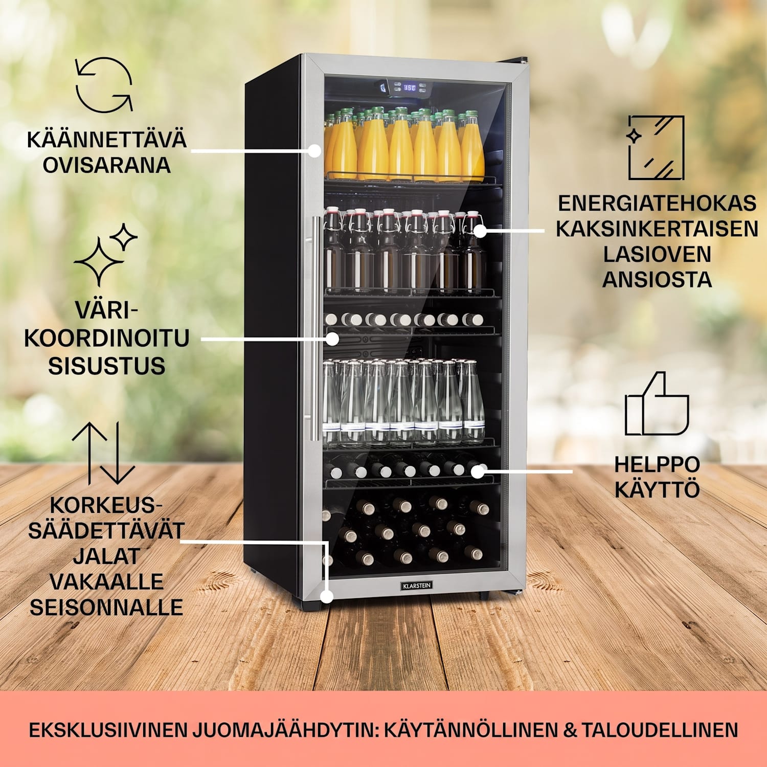 Beersafe 7XL jääkaappi 242 litraa 5 hyllyä panoraamalasiovi ruostumaton teräs 242 L | Musta | Hopea