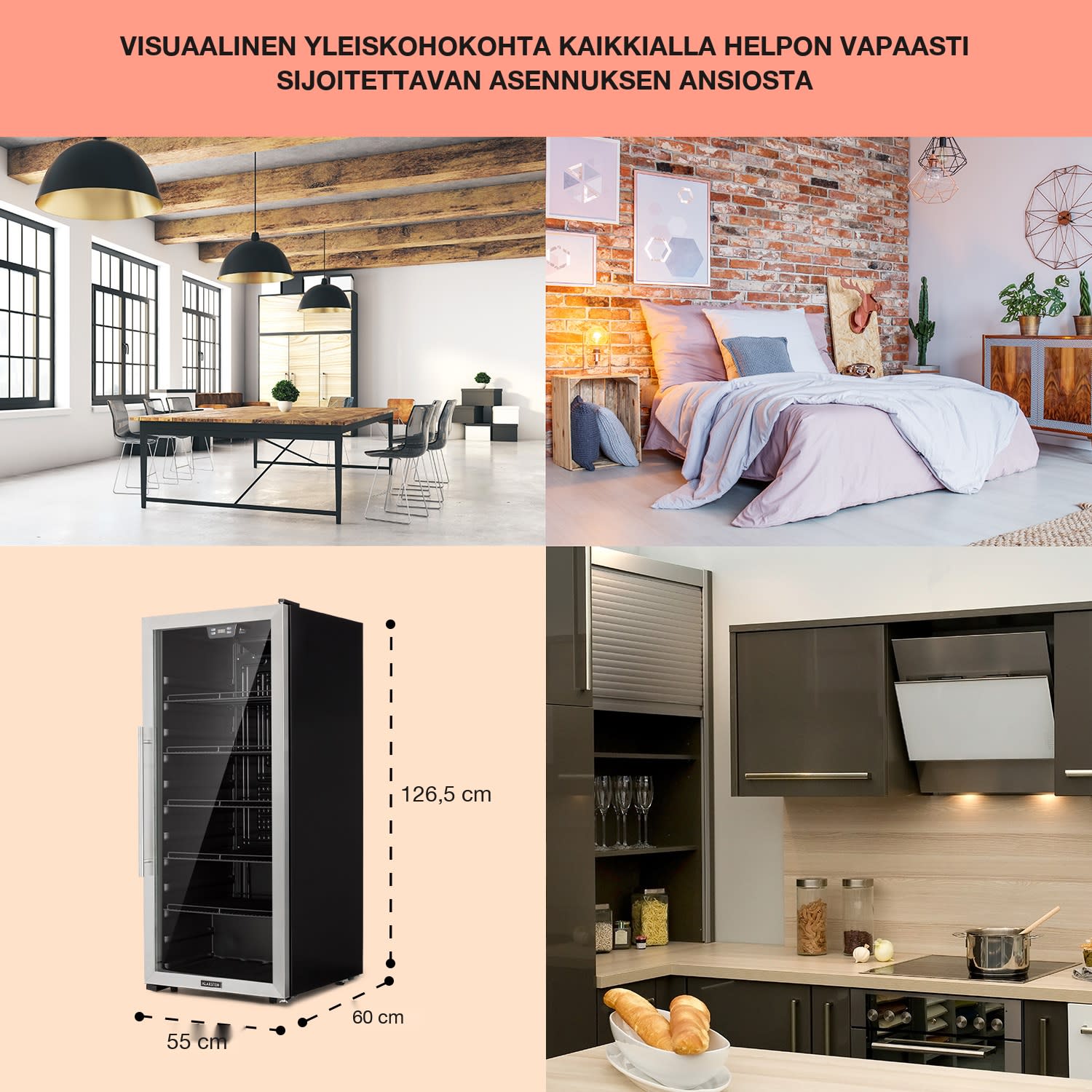 Beersafe 7XL jääkaappi 242 litraa 5 hyllyä panoraamalasiovi ruostumaton teräs 242 L | Musta | Hopea