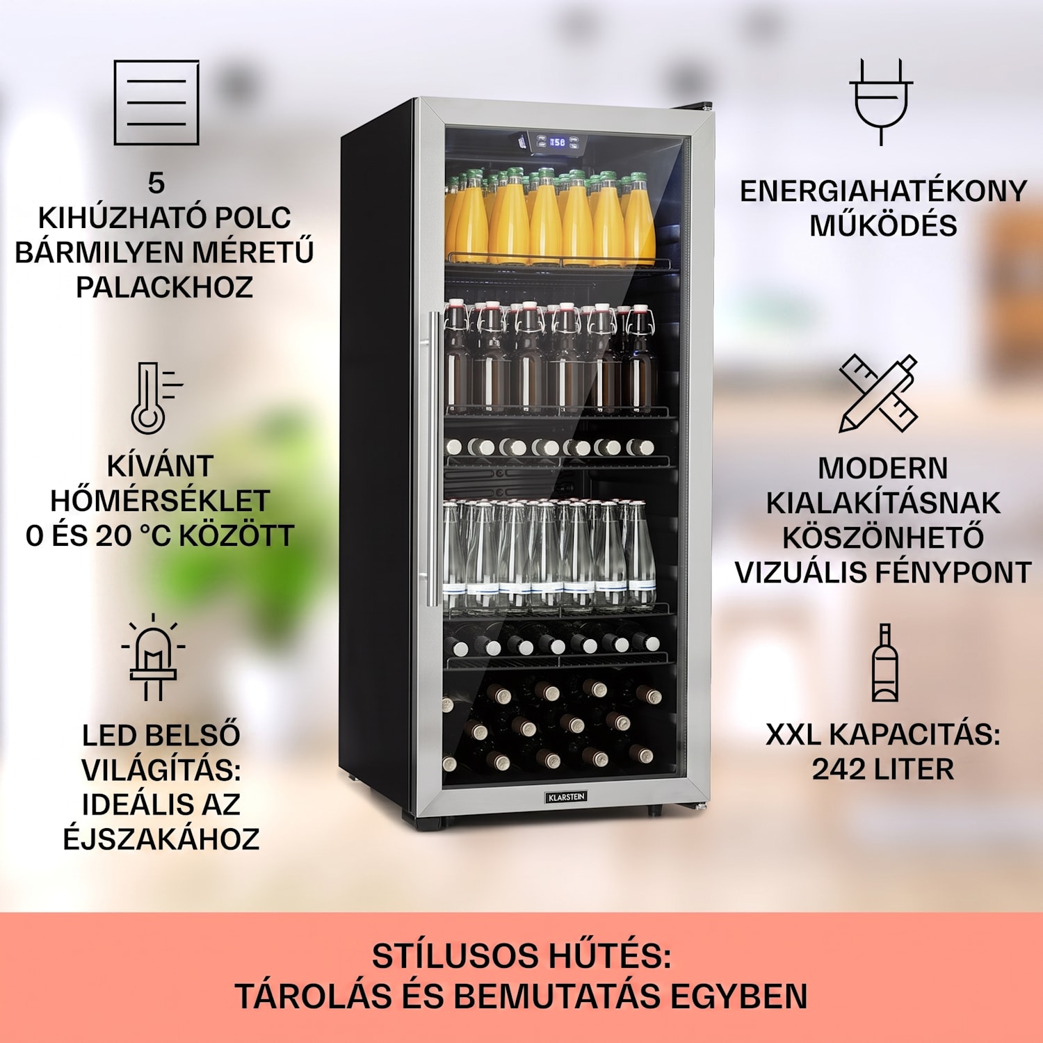 Beersafe 7XL, hűtőszekrény, 242 liter, 5 polc, panoráma üvegajtó, rozsdamentes acél 242 L | Fekete | Ezüst