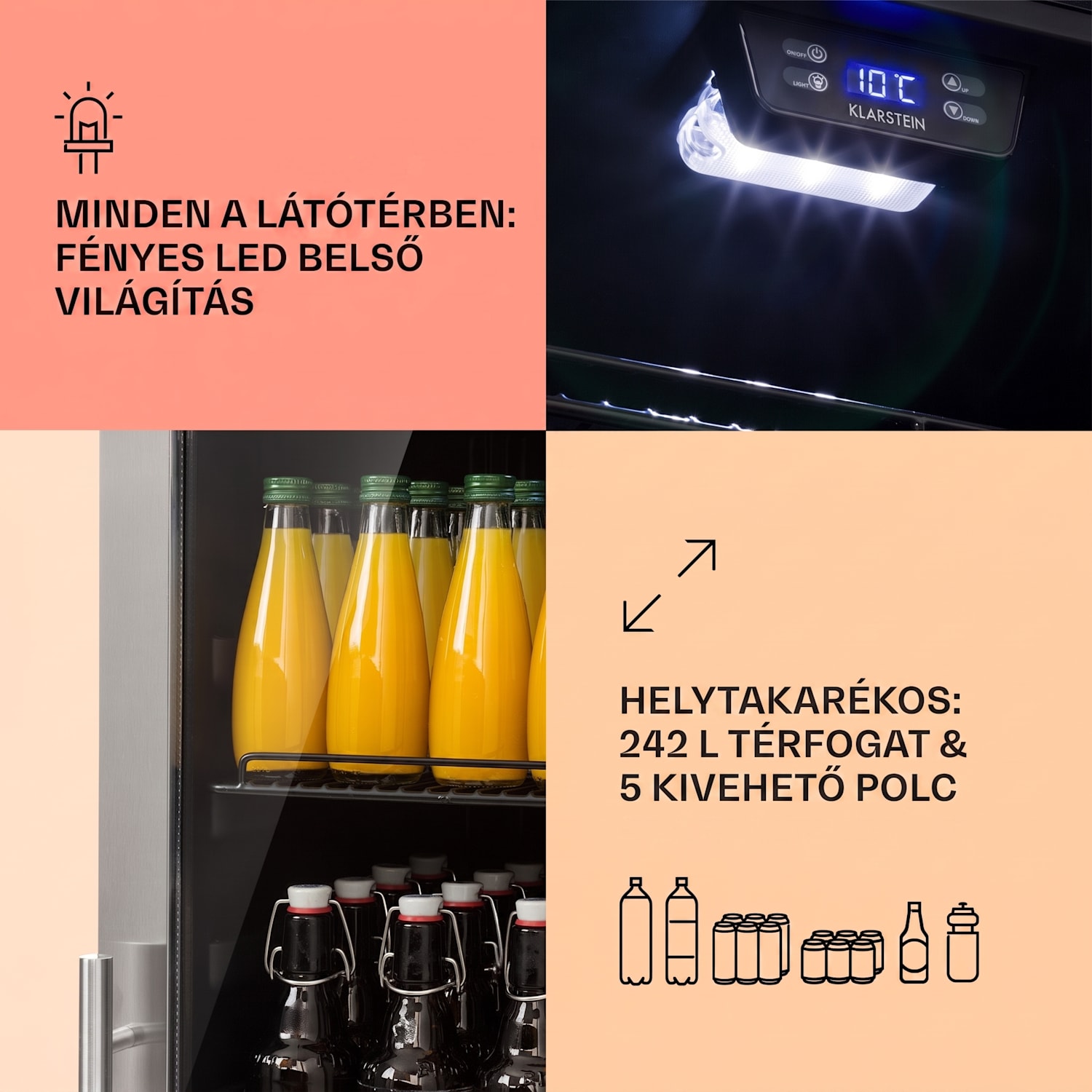 Beersafe 7XL, hűtőszekrény, 242 liter, 5 polc, panoráma üvegajtó, rozsdamentes acél 242 L | Fekete | Ezüst