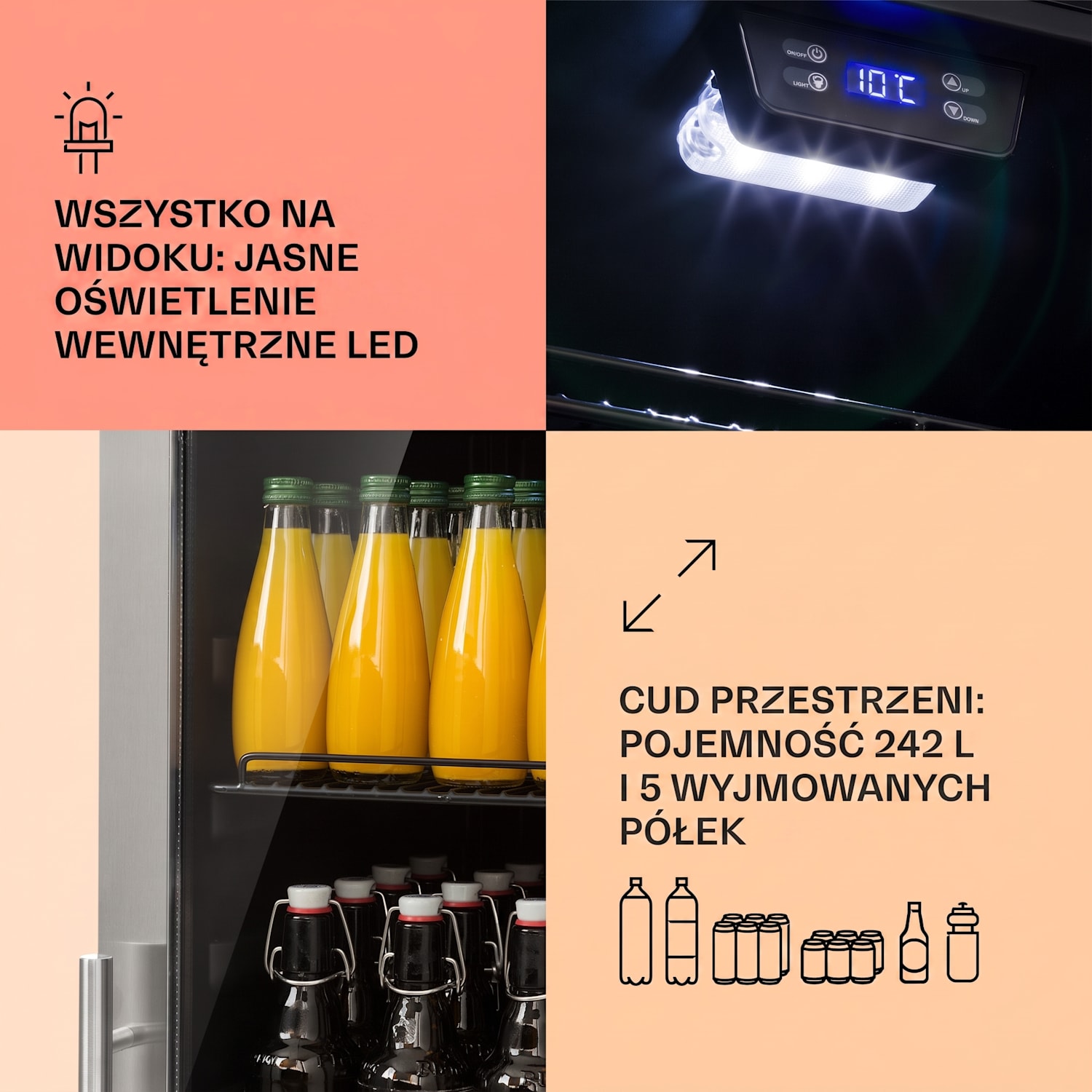 Beersafe 7XL, lodówka na napoje, 242 l, 5 półek, panoramiczne szklane drzwi, stal nierdzewna 242 L | Czarny | Srebrny