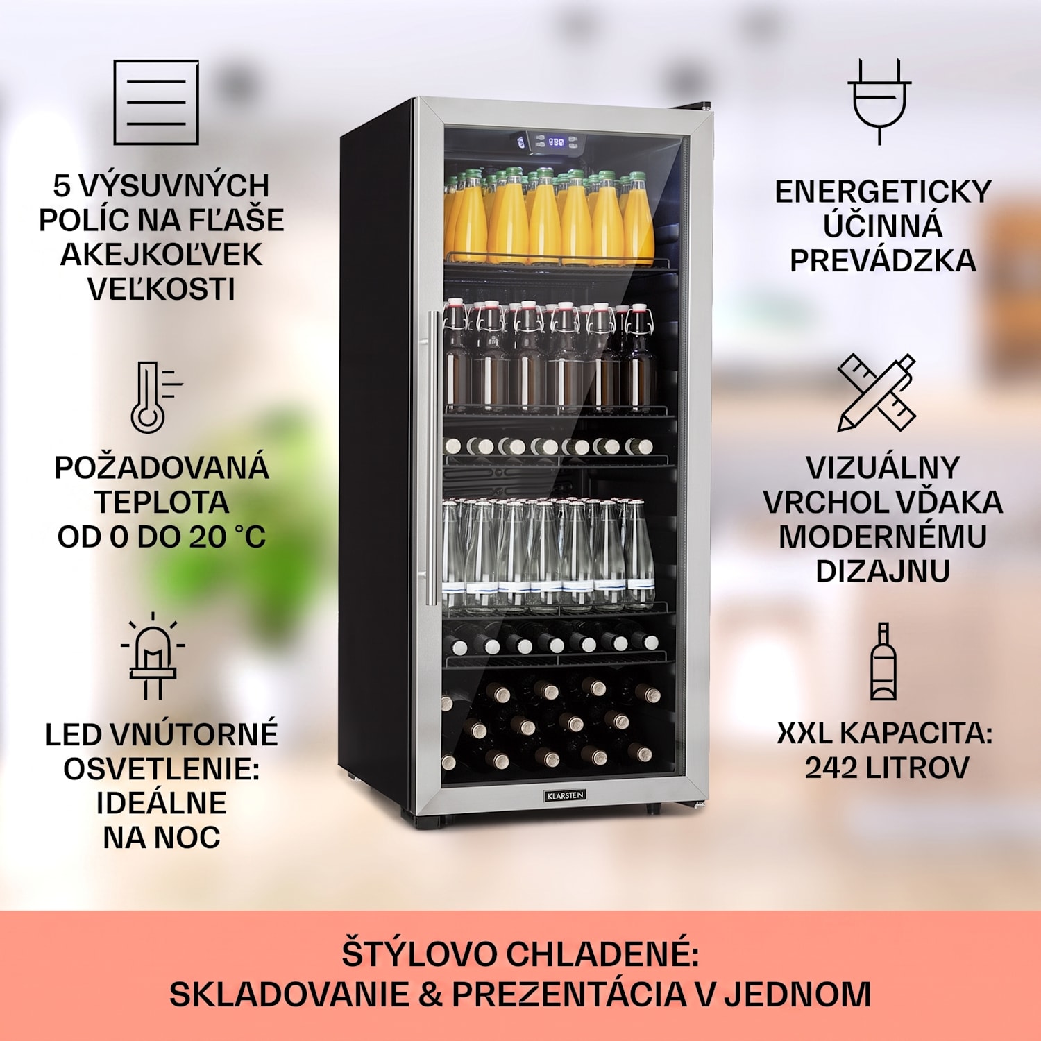 Beersafe 7XL, chladnička, 242 l, 5 políc, panoramatické sklenené dvere, nehrdzavejúca oceľ 242 L | Čierna | Strieborná