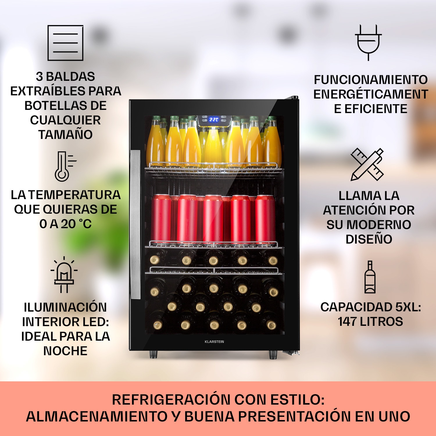 Beersafe 5XL Nevera 148 litros 3 estantes puerta panorámica de cristal acero inoxidable 148 L | Negro