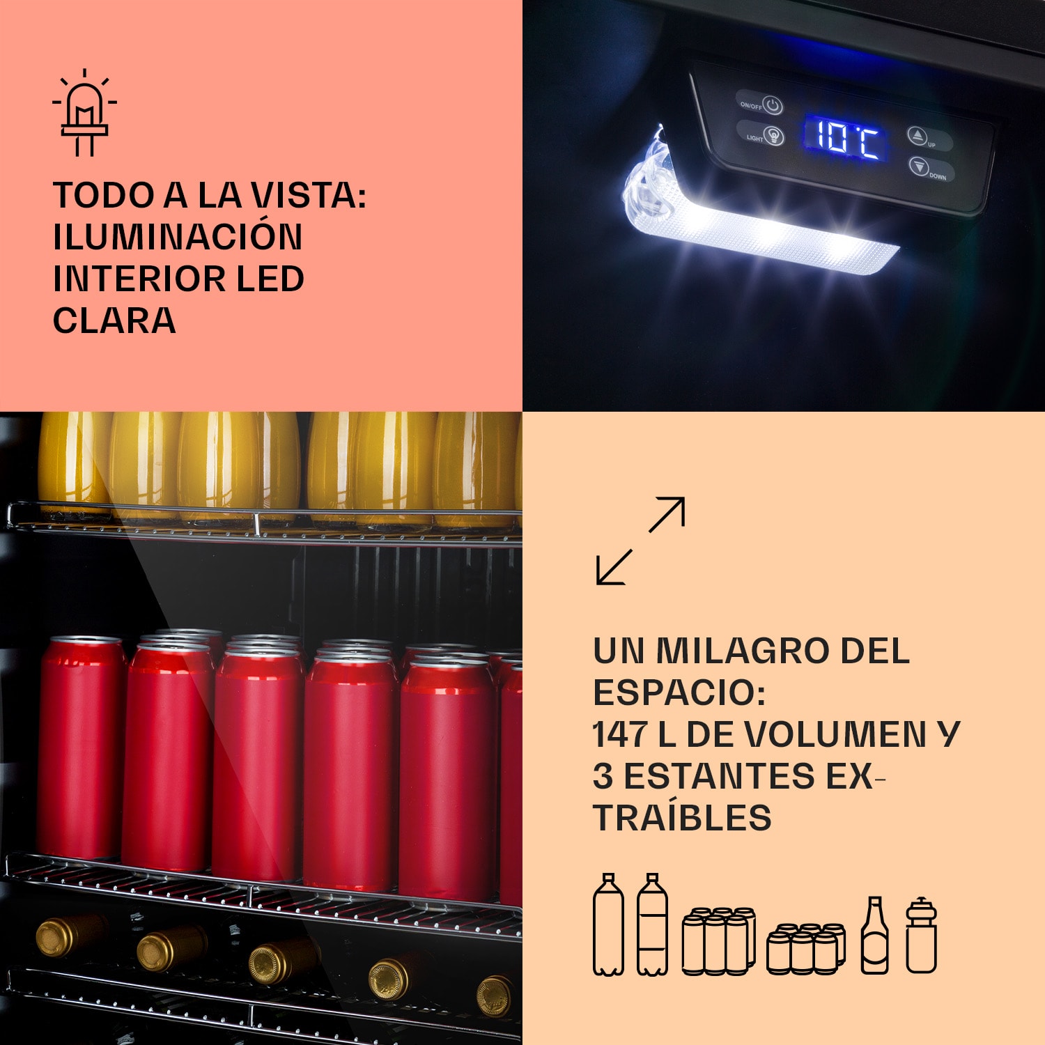 Beersafe 5XL Nevera 148 litros 3 estantes puerta panorámica de cristal acero inoxidable 148 L | Negro