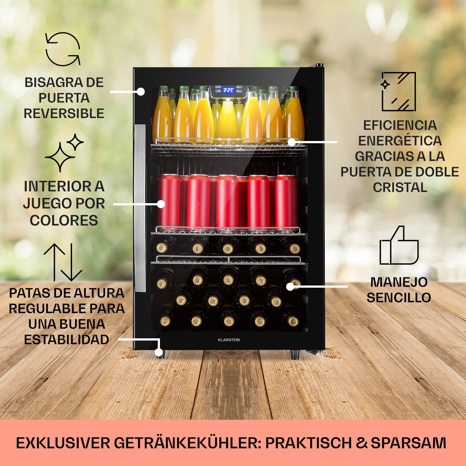 Beersafe 5XL Nevera 148 litros 3 estantes puerta panorámica de cristal acero inoxidable 148 L | Negro