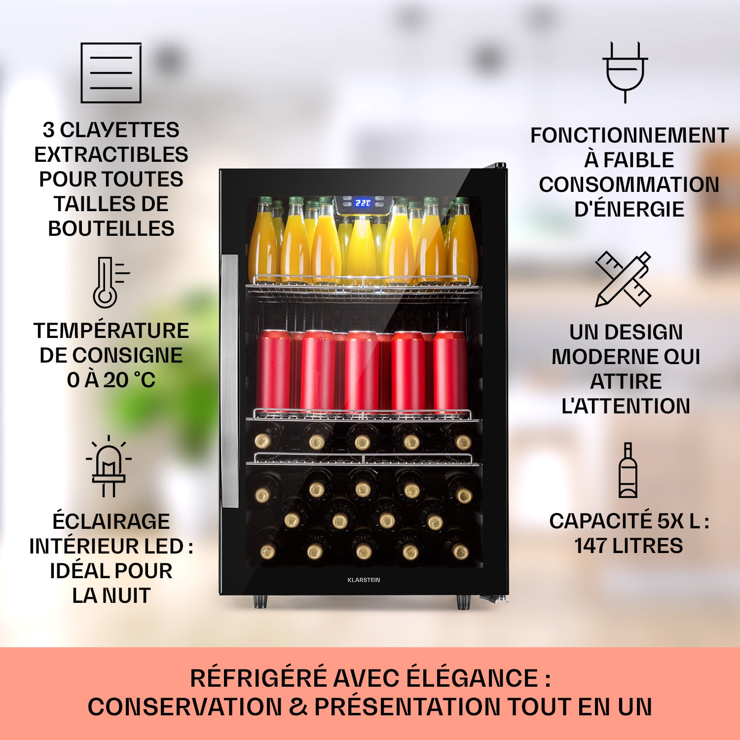 Beersafe 5XL koelkast 148 liter 3 plateaus glazen panoramadeur roestvrij staal 148 ltr | Zwart